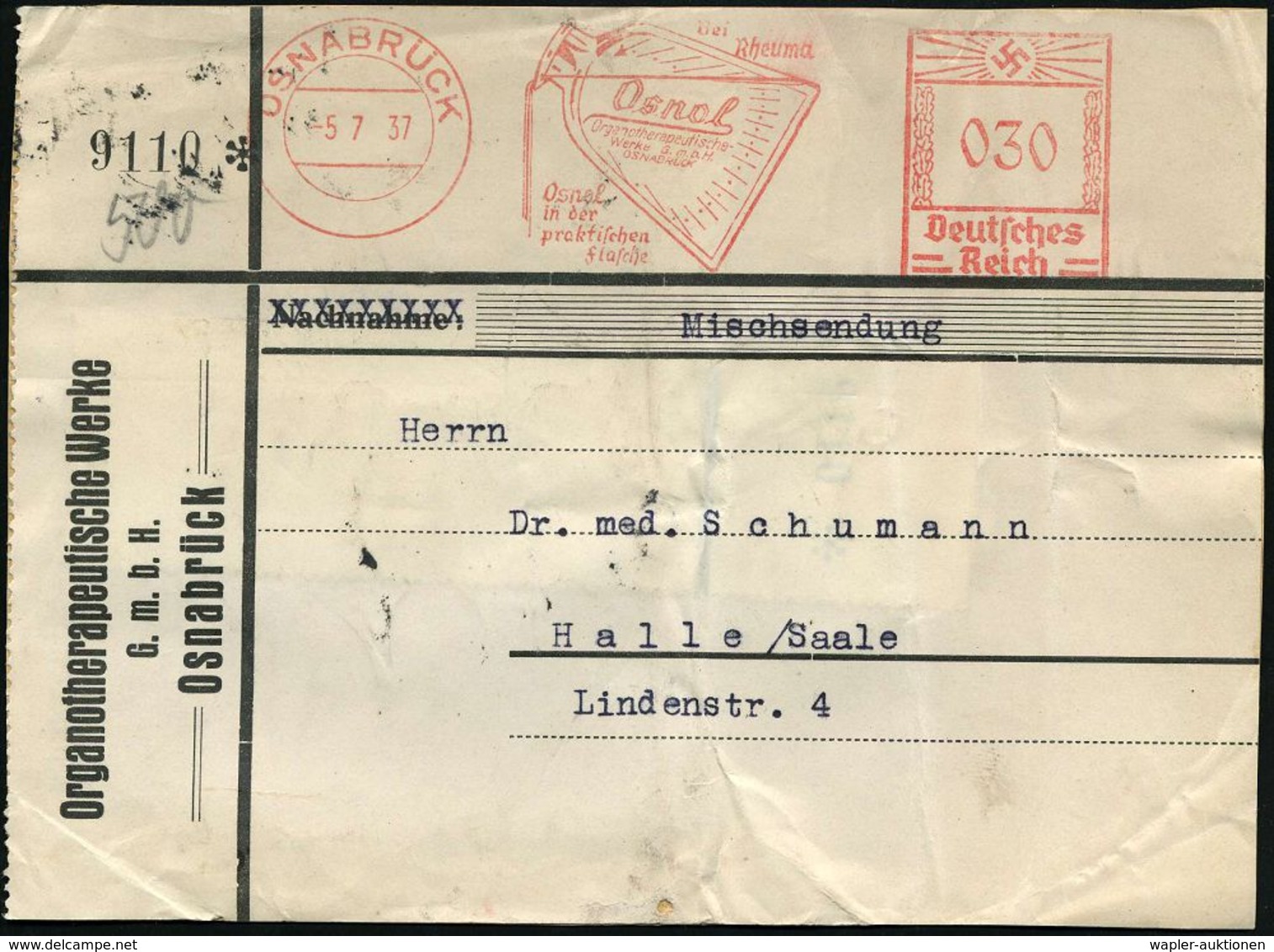 RHEUMATISMUS : OSNABRÜCK/ Bei/ Rheuma/ Osnol/ Organotherapeutische Werke.. 1937 (5.7.) AFS 030 Pf. (Arzneiflasche) Klar  - Maladies