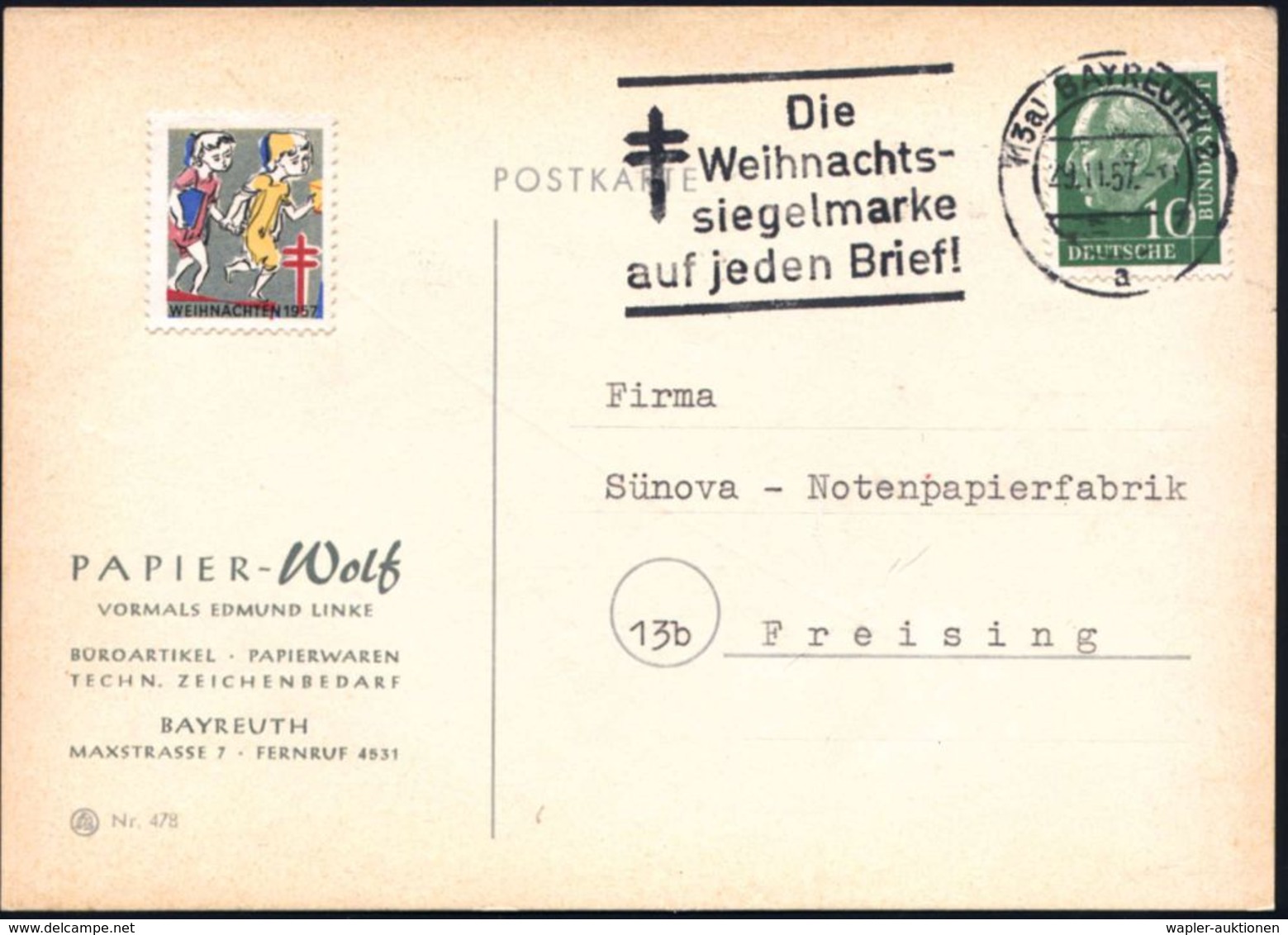 TUBERKULOSE / TBC-VORSORGE : (13a) BAYREUTH 2/ A/ Die/ Weihnachts-/ Siegelmarke/ Auf Jeden Brief! 1957 (29.11.) MWSt (=  - Maladies