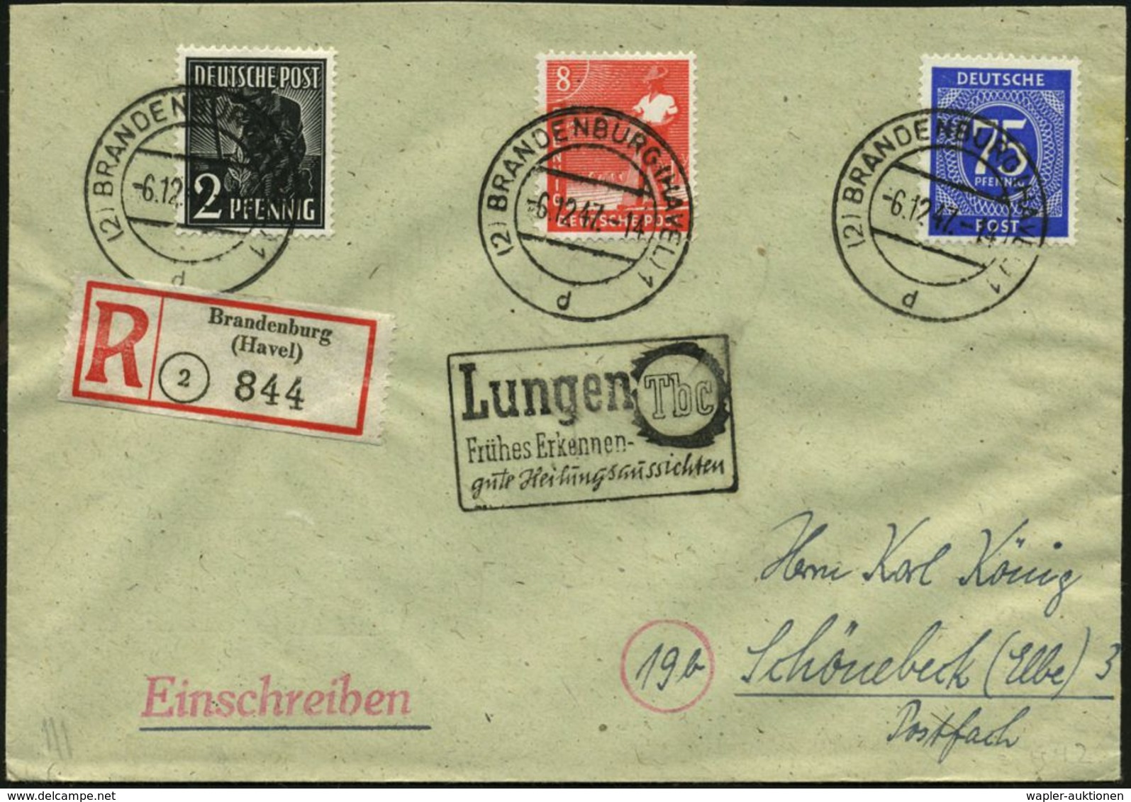 TUBERKULOSE / TBC-VORSORGE : (2) BRANDENBURG (HAVEL) 1/ D 1947 (6.12.) 2K-Steg + Sehr Seltener Hand-SerienSt (Ra.3): Lun - Maladies
