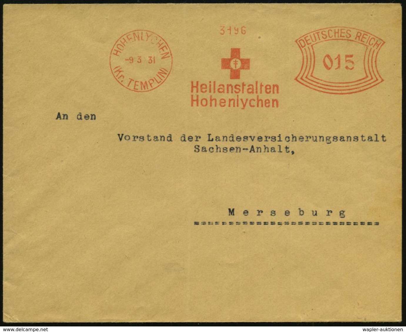 TUBERKULOSE / TBC-VORSORGE : HOHENLYCHEN/ (Kr.TEMPLIN)/ Heilanstalten/ Hohenlychen 1931 (9.3.) AFS (Rotes Kreuz Mit Tbc- - Malattie