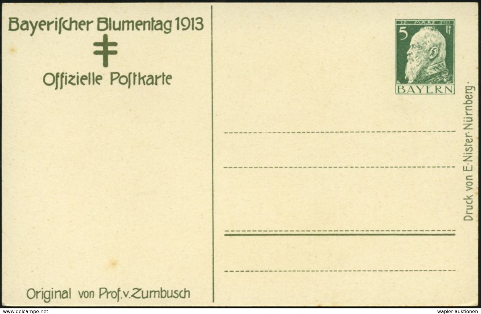 TUBERKULOSE / TBC-VORSORGE : BAYERN 1913 PP 5 Pf. Luitpold Grün: Bayer. Blumentag/..Prof.v. Zumbusch = = Kind Mit Mohnbl - Disease