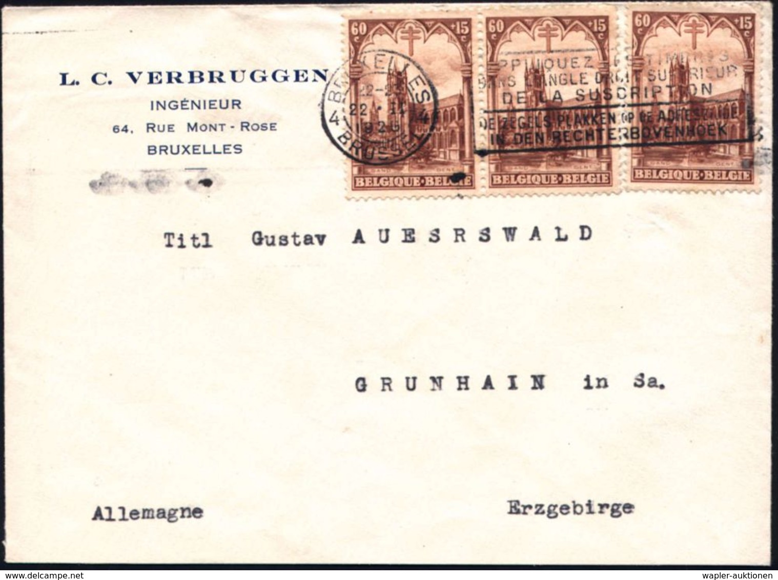 TUBERKULOSE / TBC-VORSORGE : BELGIEN 1929 (22.2.) 60 C.+15 C. Tuberculose-Fond ,reine MeF: 3 Stück (= St.Bavo-Kirche) Sa - Krankheiten