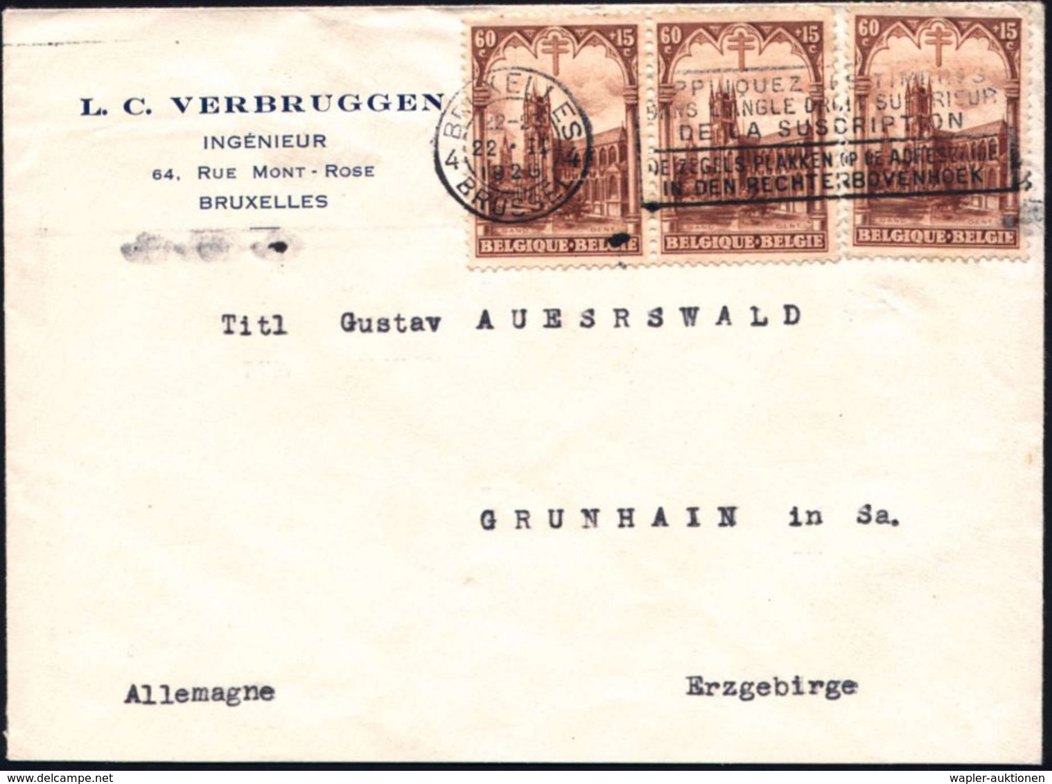 TUBERKULOSE / TBC-VORSORGE : BELGIEN 1929 (22.2.) 60 C.+15 C. Tuberculose-Fond ,reine MeF: 3 Stück (= St.Bavo-Kirche) Sa - Maladies