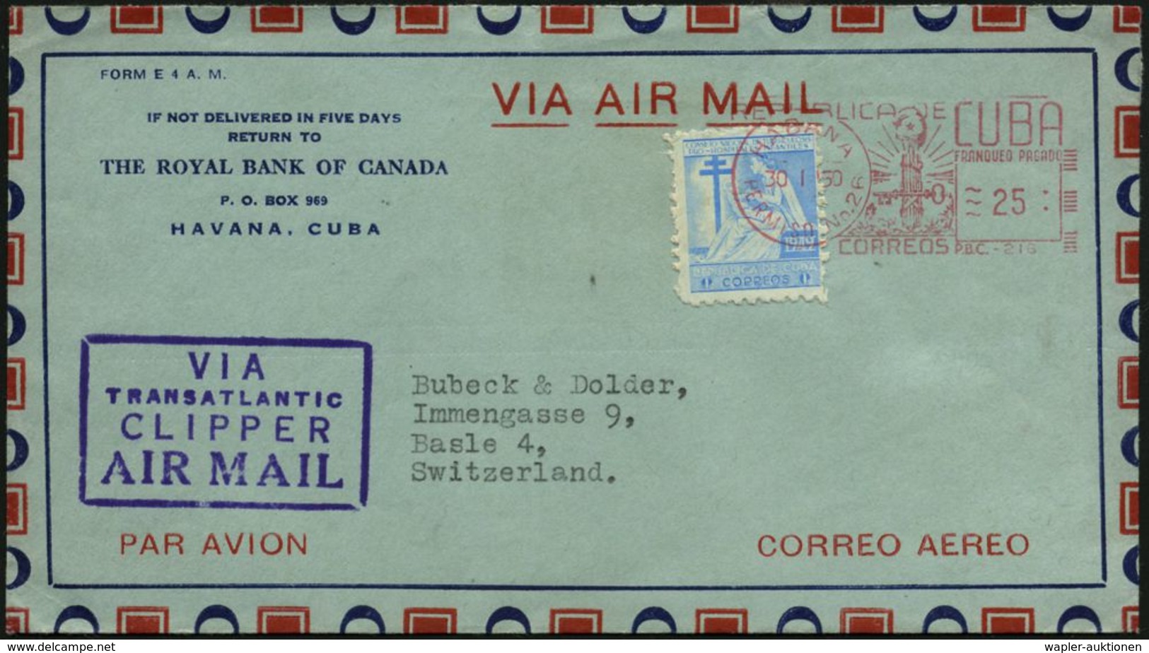 TUBERKULOSE / TBC-VORSORGE : CUBA 1950 (30.1.) AFS: HABANA/PERMISO No.26 Als VE AufTbc-Zwangszuschlag  1 C. (Mutter M.Ki - Maladies