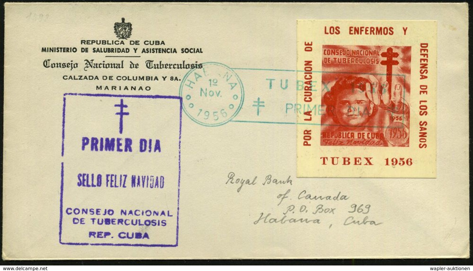 TUBERKULOSE / TBC-VORSORGE : CUBA 1956 (12.11.) Amtl. Tbc-Weihnachts-Spendenblock "TUBEX" + Grüner Tbc-FaWSt: HABANA + V - Krankheiten