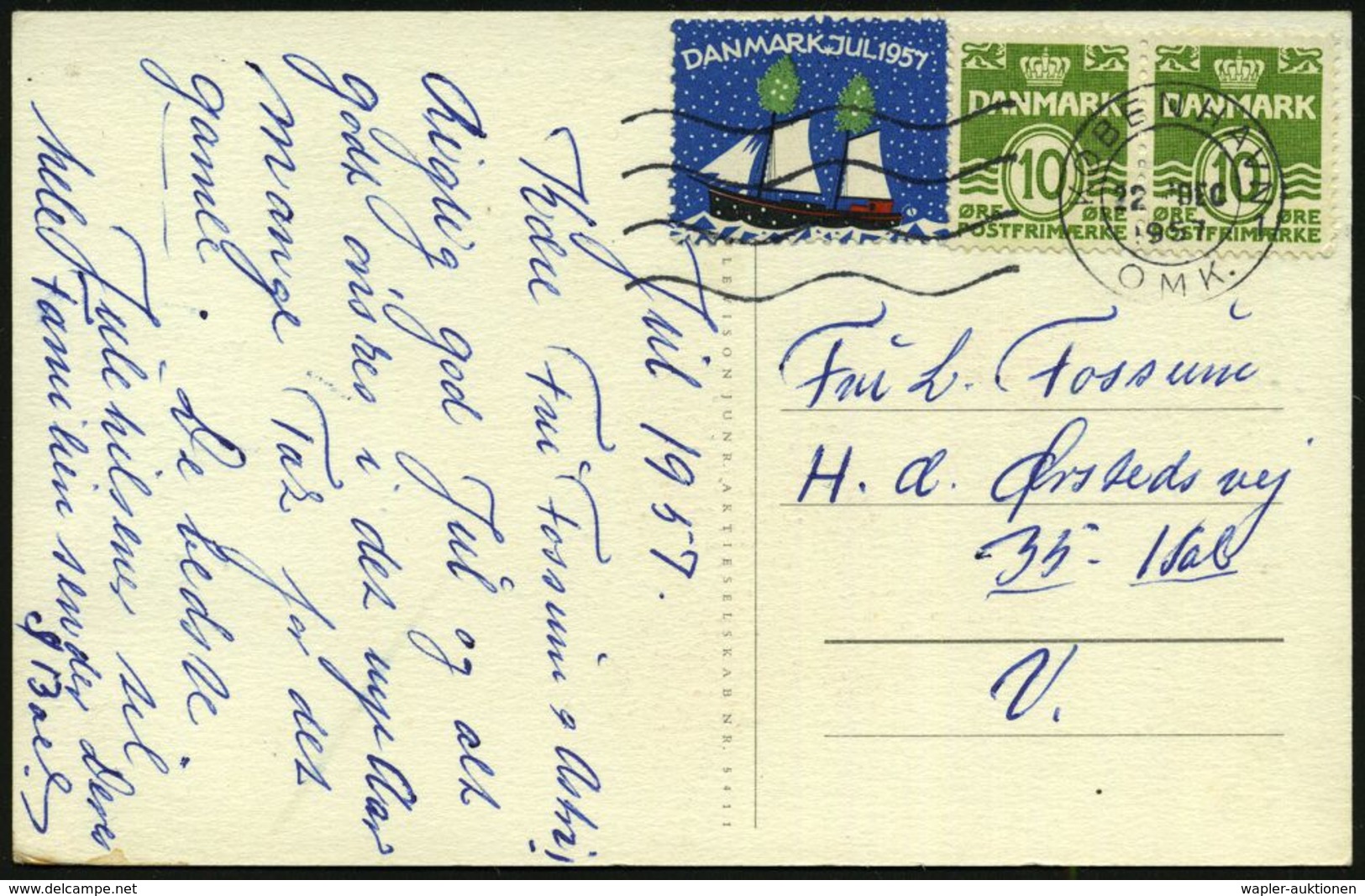 TUBERKULOSE / TBC-VORSORGE : DÄNEMARK 1957 (22.12.) 10 Öre Freimarke, Paar + Weihnachts-Tbc-Spendenmarke (Segelschiff) A - Malattie