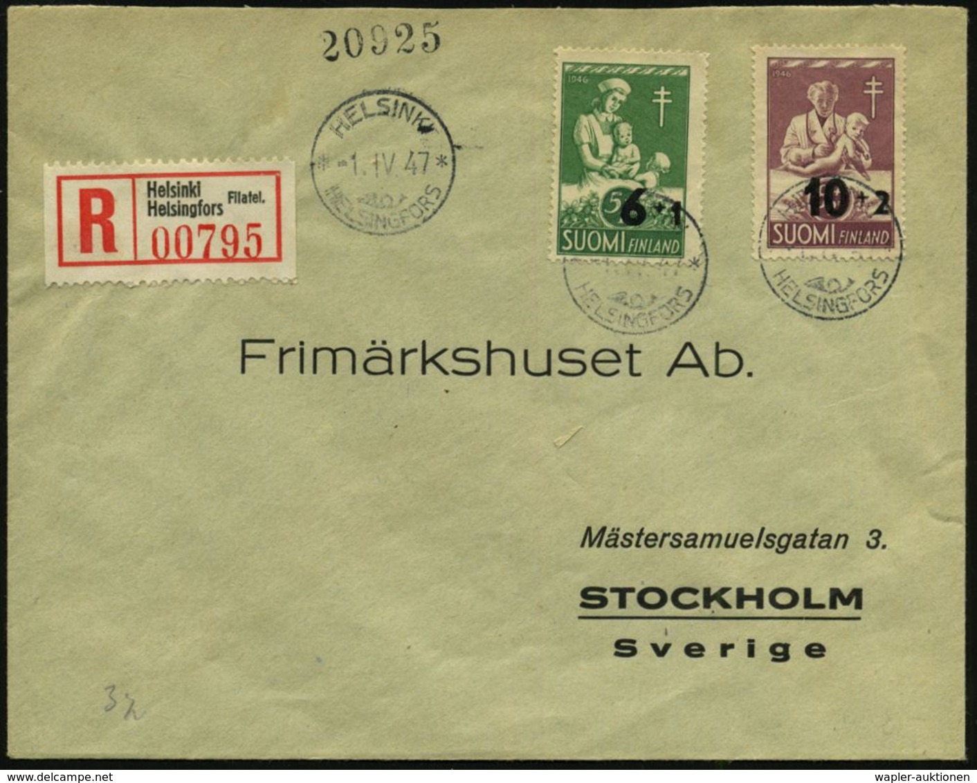 TUBERKULOSE / TBC-VORSORGE : FINNLAND 1947 (1.4.) Tbc-Provisorien, Kompl. Satz (Pädiatrie) + RZ: Helsinki.., Ausl.-R-FDC - Krankheiten