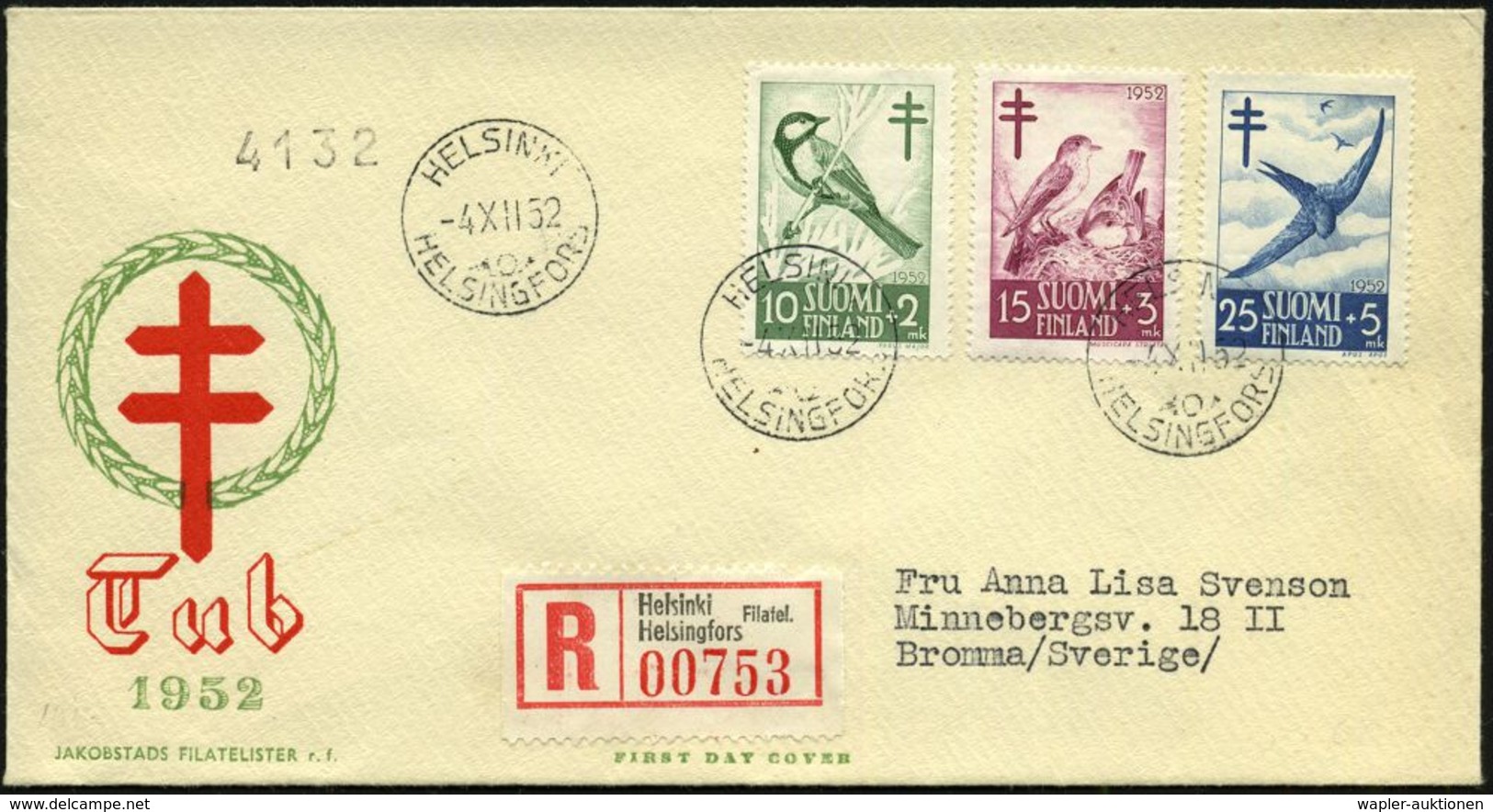 TUBERKULOSE / TBC-VORSORGE : FINNLAND 1952 (4.12.) Tbc-Fond, Kompl.Satz (Vögel) + RZ: Helsinki.. , Ausl.-R-FDC-SU.!  (Mi - Maladies