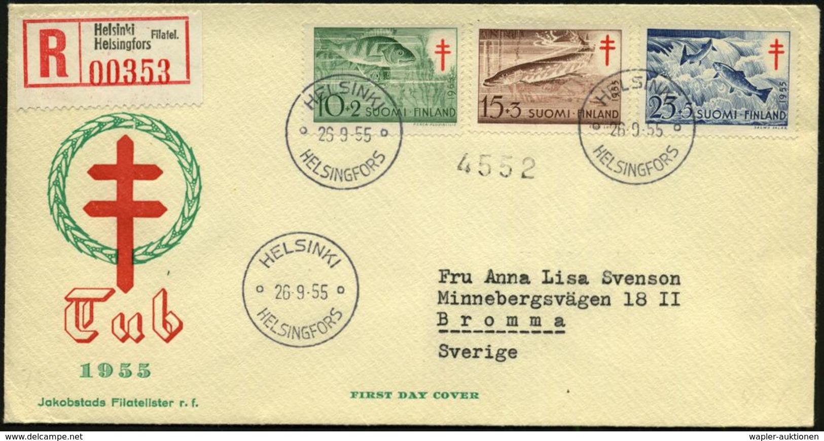 TUBERKULOSE / TBC-VORSORGE : FINNLAND 1955 (26.9.) Tbc-Fond, Kpl.Satz (Flußfische) + RZ: Helsinki.., Klar Gest. Ausl.-R- - Maladies