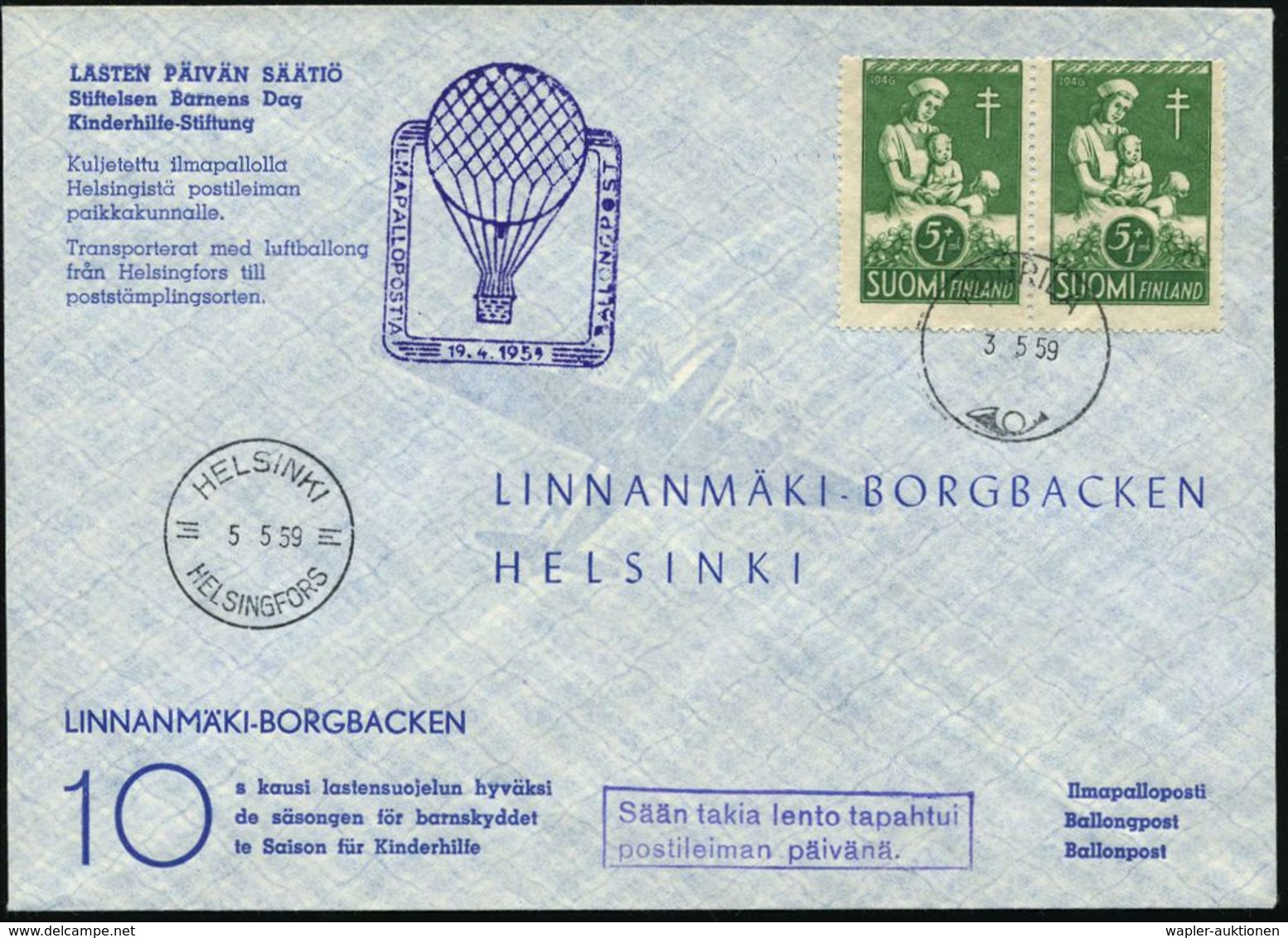 TUBERKULOSE / TBC-VORSORGE : FINNLAND 1959 (3.5.) 5 Mk + 1Mk. Anti-Tuberkulose, Reine MeF: Paar = Kinder-Krankenschester - Maladies
