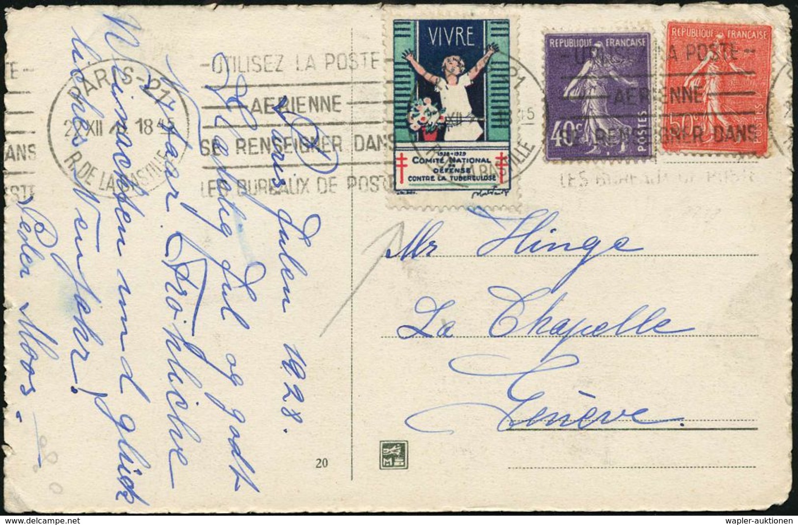 TUBERKULOSE / TBC-VORSORGE : FRANKREICH 1928 (22.12.) Tbc-Spendenmarke "VIVRE" Mit Frankatur Abgestempelt ,Weihnachts- A - Krankheiten