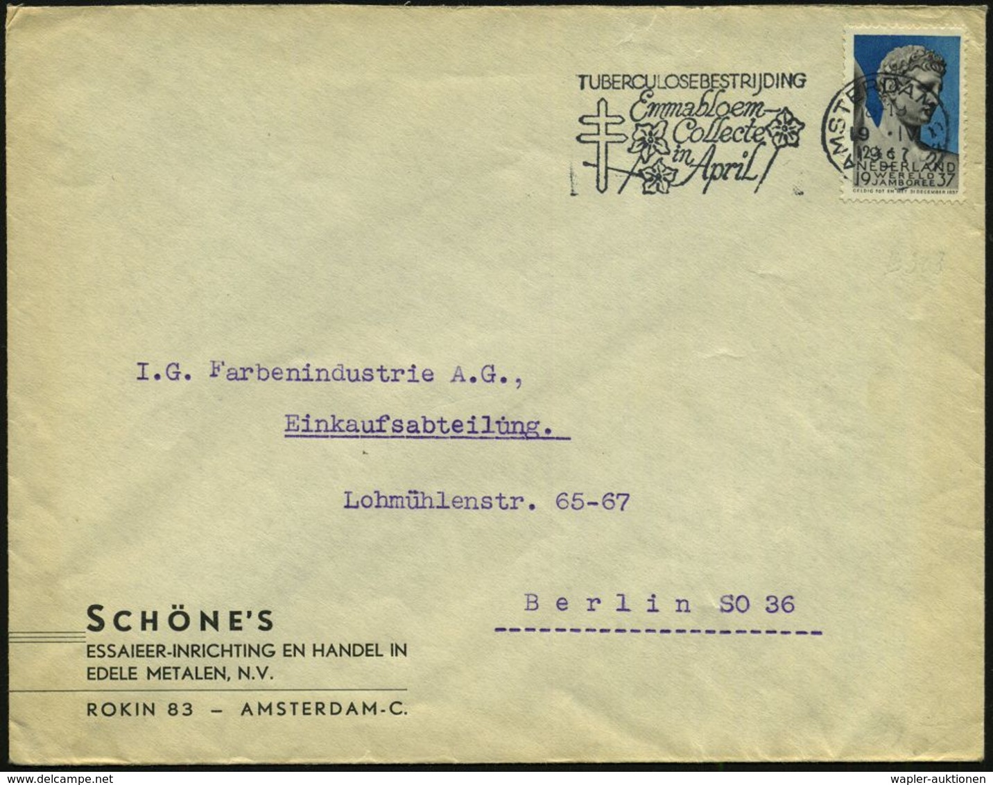 TUBERKULOSE / TBC-VORSORGE : NIEDERLANDE 1937 (19.4.) MWSt.: AMSTERDAM C.S./TUBERCULOSEBESTRIJDING/Emmabloem/Collecte (T - Malattie
