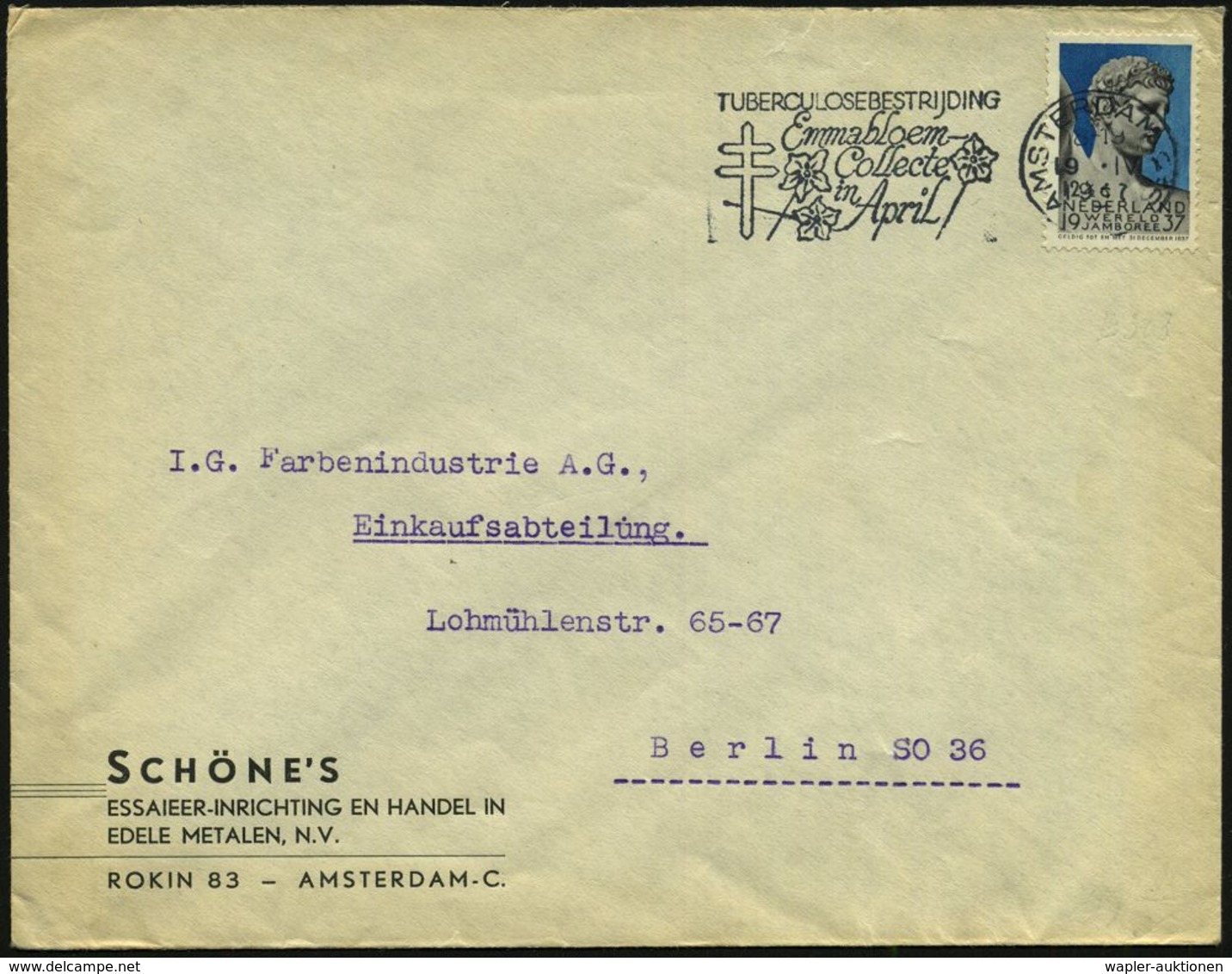 TUBERKULOSE / TBC-VORSORGE : NIEDERLANDE 1937 (19.4.) MWSt.: AMSTERDAM C.S./TUBERCULOSEBESTRIJDING/Emmabloem/Collecte (T - Maladies