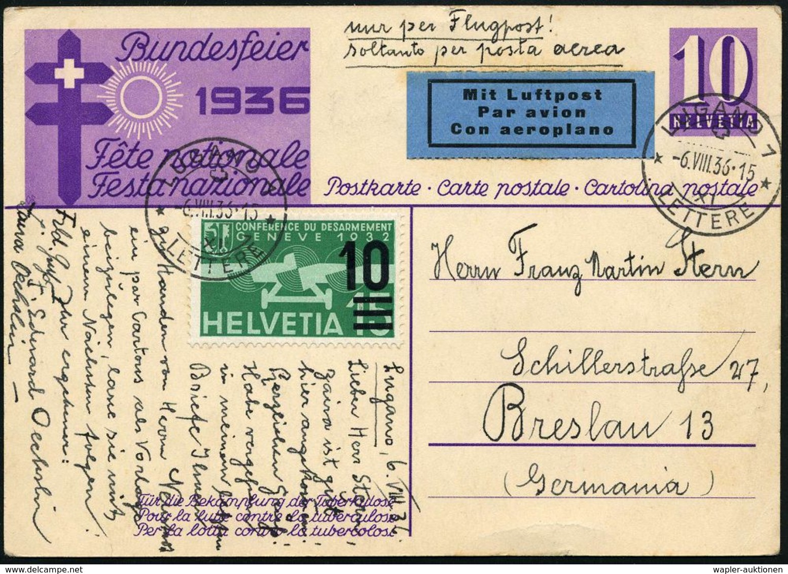 TUBERKULOSE / TBC-VORSORGE : SCHWEIZ 1936 (6.8.) 10 C. Bundesfeier-P., Lila: Kampf Der Tbc (Mi.P 170/01) + Zusatzfrankat - Maladies