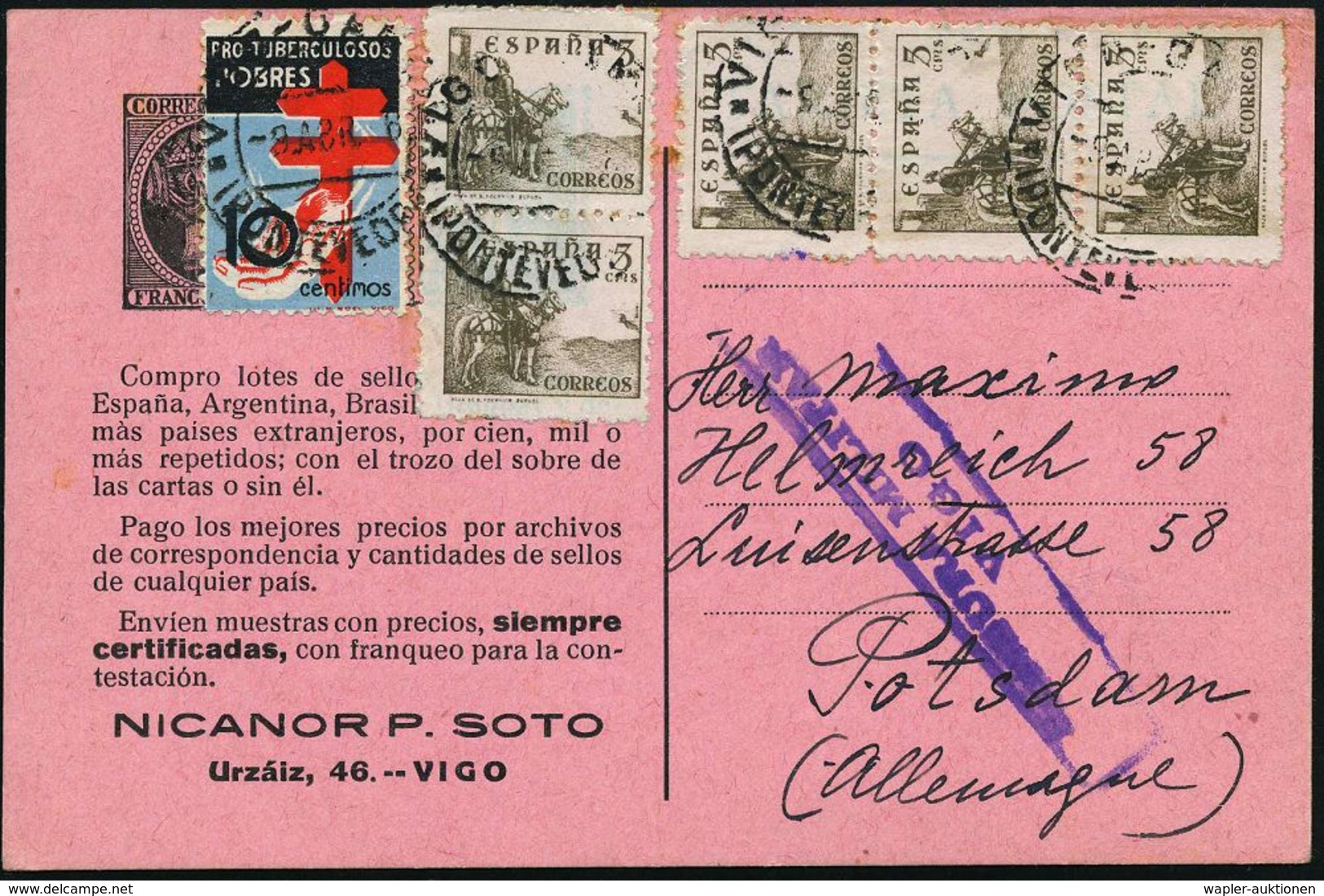 TUBERKULOSE / TBC-VORSORGE : SPANIEN 1938 (8.4.) 5 C. "El Cid", Reine MeF: 5 Stück + Tbc-Zwangs-Zuschlag 10 C. (Mi.Zw.23 - Maladies