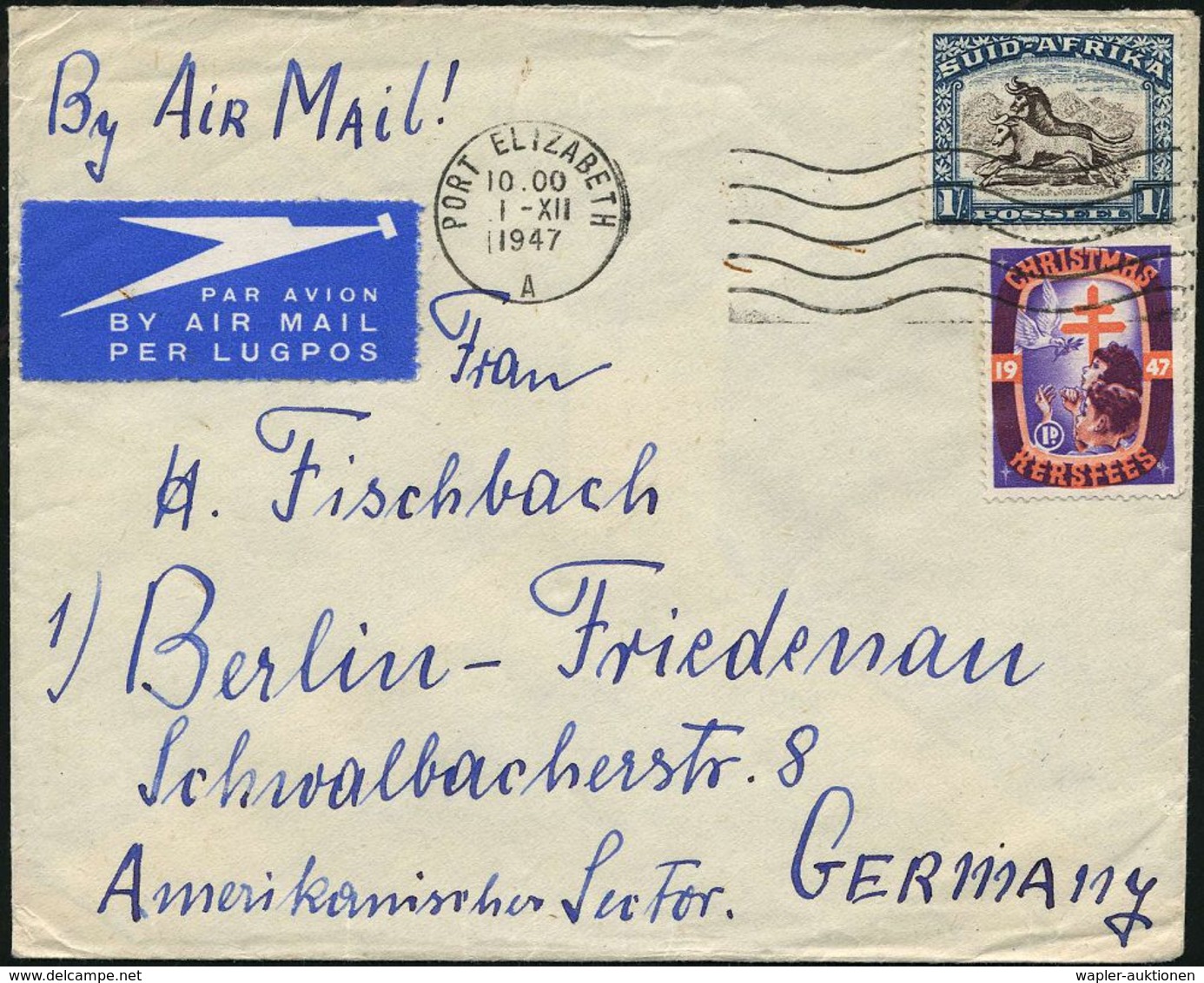 TUBERKULOSE / TBC-VORSORGE : SÜDAFRIKA 1947 (1.12.) 1 Sh. Gnu, EF + 1 D. Tbc-Weihnachts-Spendenmarke "1947" (2 Kinder Mi - Maladies