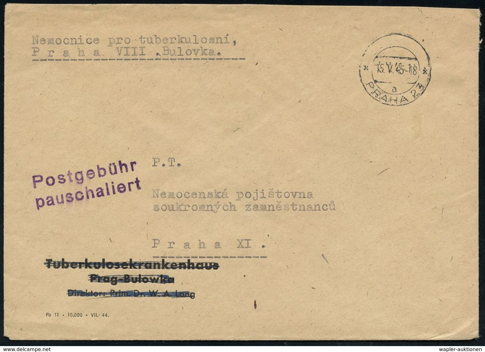 TUBERKULOSE / TBC-VORSORGE : TSCHECHOSLOWAKEI 1945 (15.5.) Aptierter 2K-Steg: PRAHA 23 = Deutsche Ortsbezeichnung Entfer - Maladies