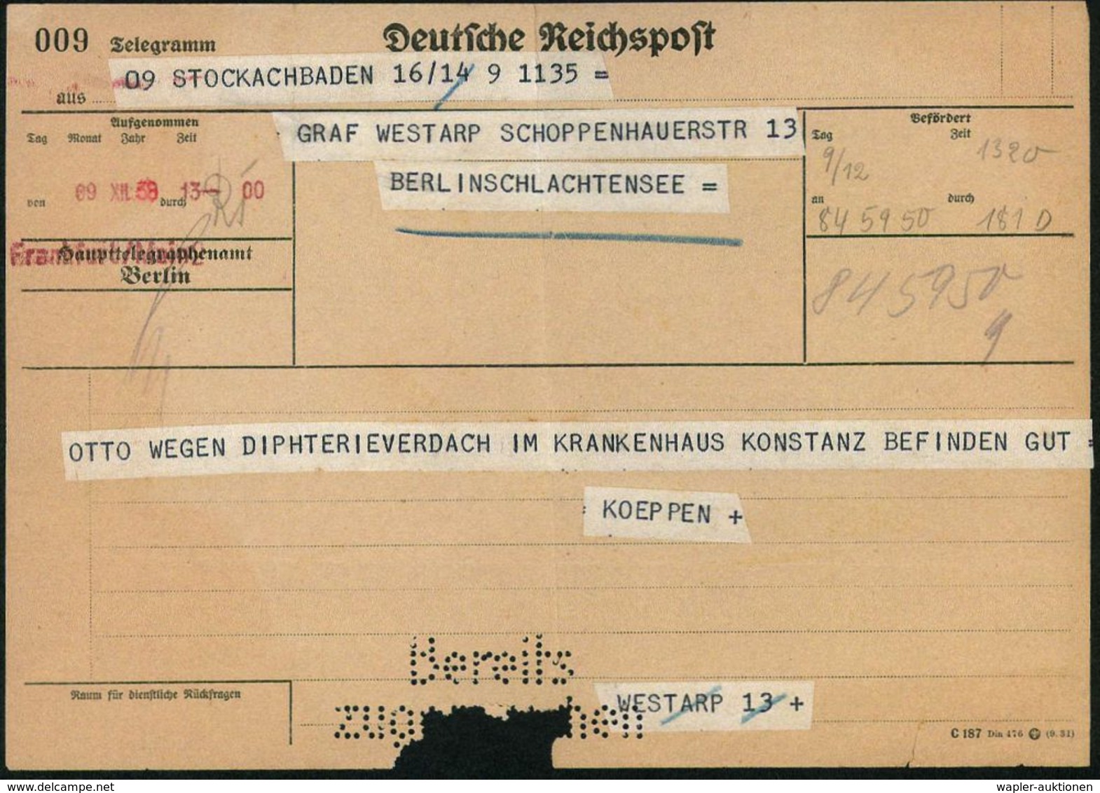 SEUCHEN / EPEDEMIE-BEKÄMPFUNG : Berlin-Schlachtensee 1938 (9.12.) Telegramm: Haupttelegraphenamt/Berlin + Roter Telegram - Disease