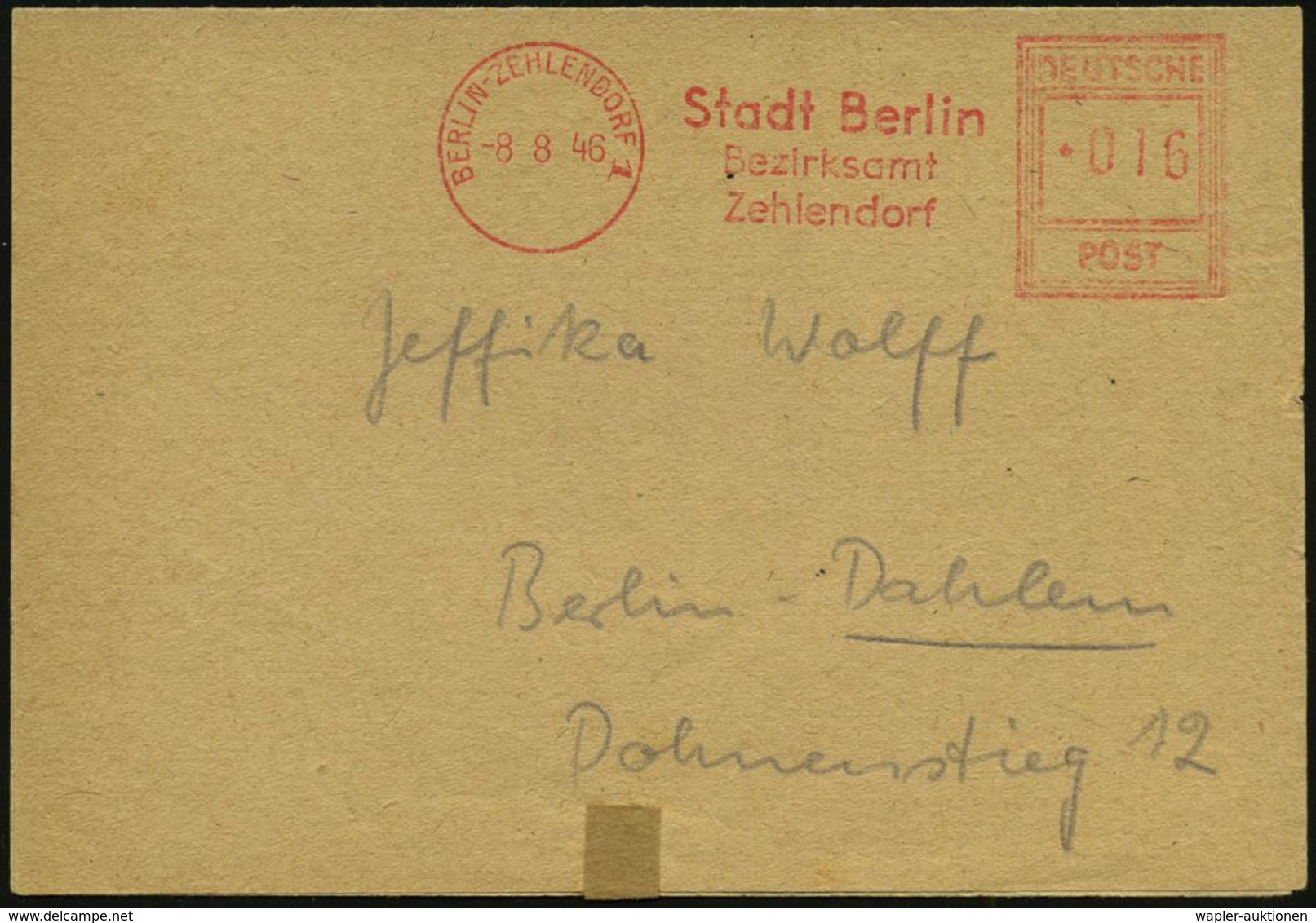 SEUCHEN / EPEDEMIE-BEKÄMPFUNG : BERLIN-ZEHLENDORF 1/ Stadt Berlin/ Bezirksamt/ Zehlendorf 1946 (Aug.) Seltener AFS-Typ " - Krankheiten