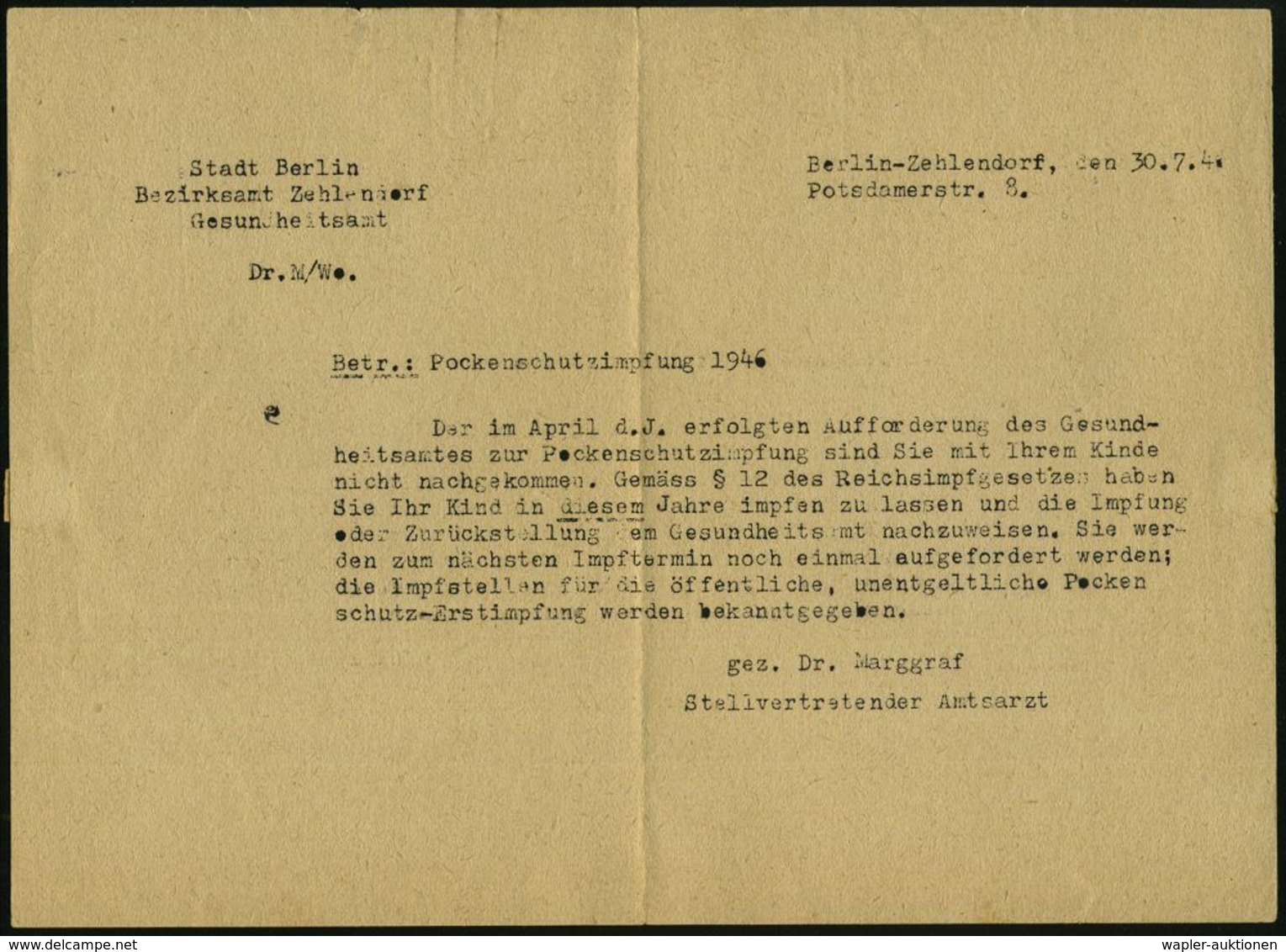 SEUCHEN / EPEDEMIE-BEKÄMPFUNG : BERLIN-ZEHLENDORF 1/ Stadt Berlin/ Bezirksamt/ Zehlendorf 1946 (Aug.) Seltener AFS-Typ " - Disease