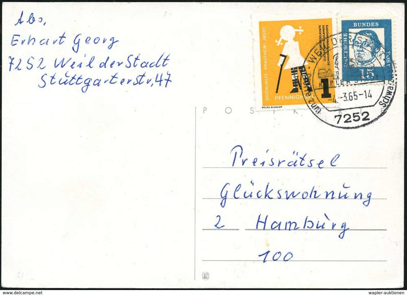 SEUCHEN / EPEDEMIE-BEKÄMPFUNG : Weil Der Stadt 1965 (4.3.) 1 Pf. Spendenmarke "Pfennighilfe" = Polio & /Gelähmtenhilfe M - Krankheiten