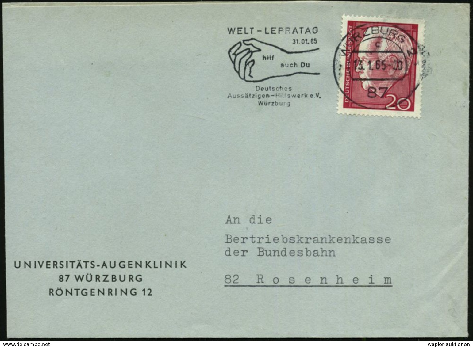 SEUCHEN / EPEDEMIE-BEKÄMPFUNG : 87 WÜRZBURG 2/ C/ WELT-LEPRATAG/ 30.1.65/ ..Deutsches/ Aussätzigen-Hilfswerk EV. 1965 (J - Maladies