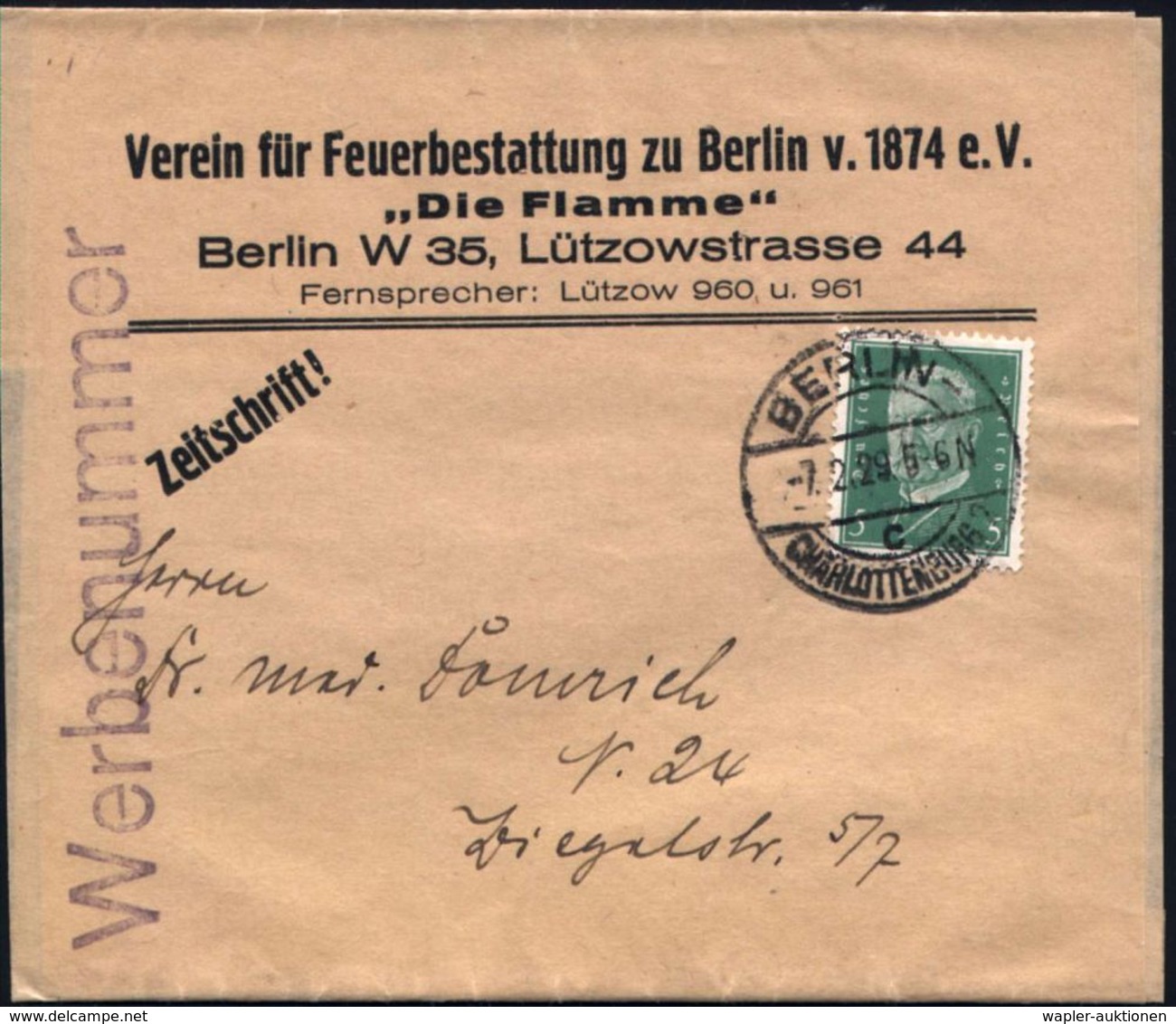 STERBEN / TOD : BERLIN-/ C/ CHARLOTTENBURG 2 1929 (7.2.) 1K-Brücke Auf Zeitungs-Sb.: Verein Für Feuerbestattung Zu Berli - Médecine