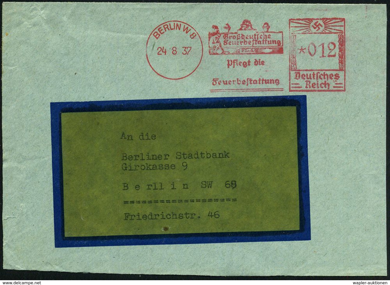 STERBEN / TOD : BERLIN W8/ Großdeutsche/ Feuerbestattung/ Pflegt Die/ .../ Feuerbestattung 1937 (24.8.) Aptierter AFS, D - Médecine