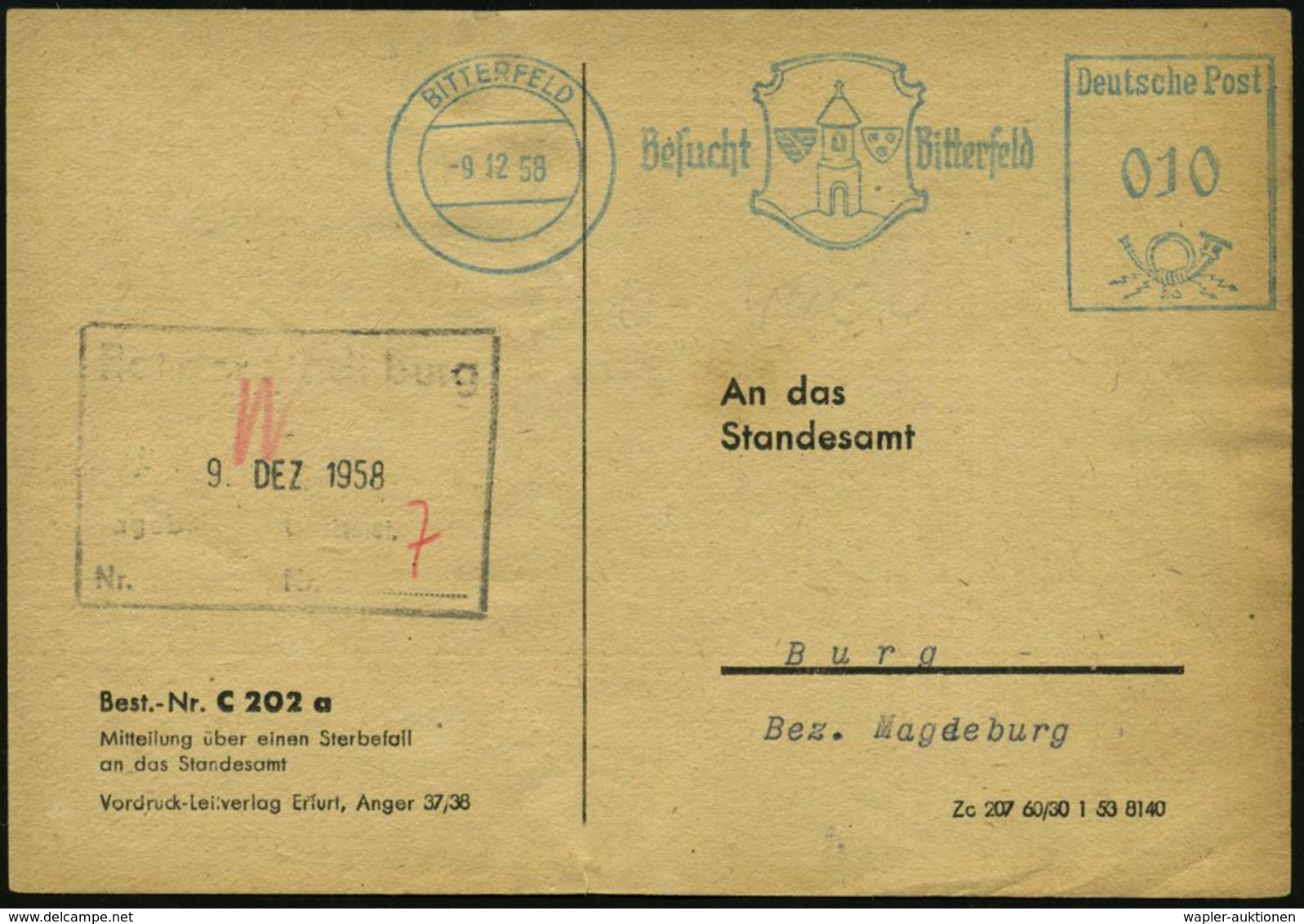 STERBEN / TOD : BITTERFELD/ Besucht Bitterfeld 1958 (9.12.) Blauer AFS = DDR-Dienstfarbe (Stadtwappen) Kommunal-Kt.: Mit - Médecine