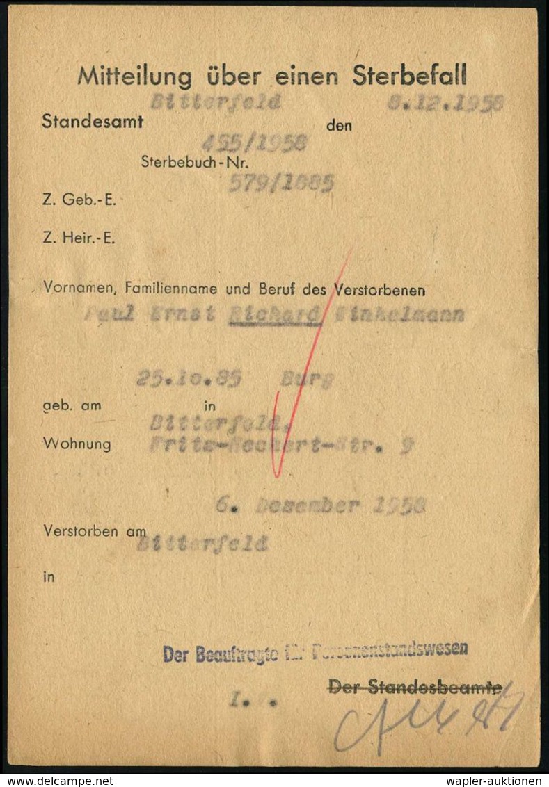 STERBEN / TOD : BITTERFELD/ Besucht Bitterfeld 1958 (9.12.) Blauer AFS = DDR-Dienstfarbe (Stadtwappen) Kommunal-Kt.: Mit - Medicina