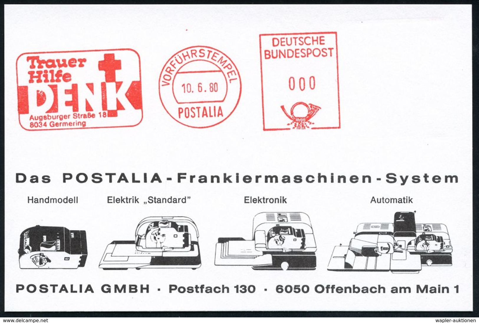 STERBEN / TOD : 8034 Germering 1980 (10.6.) AFS: VORFÜHRSTEMPEL/POSTALIA/Trauer/Hilfe/DENK (Grabstein) Seltene Postalia- - Médecine