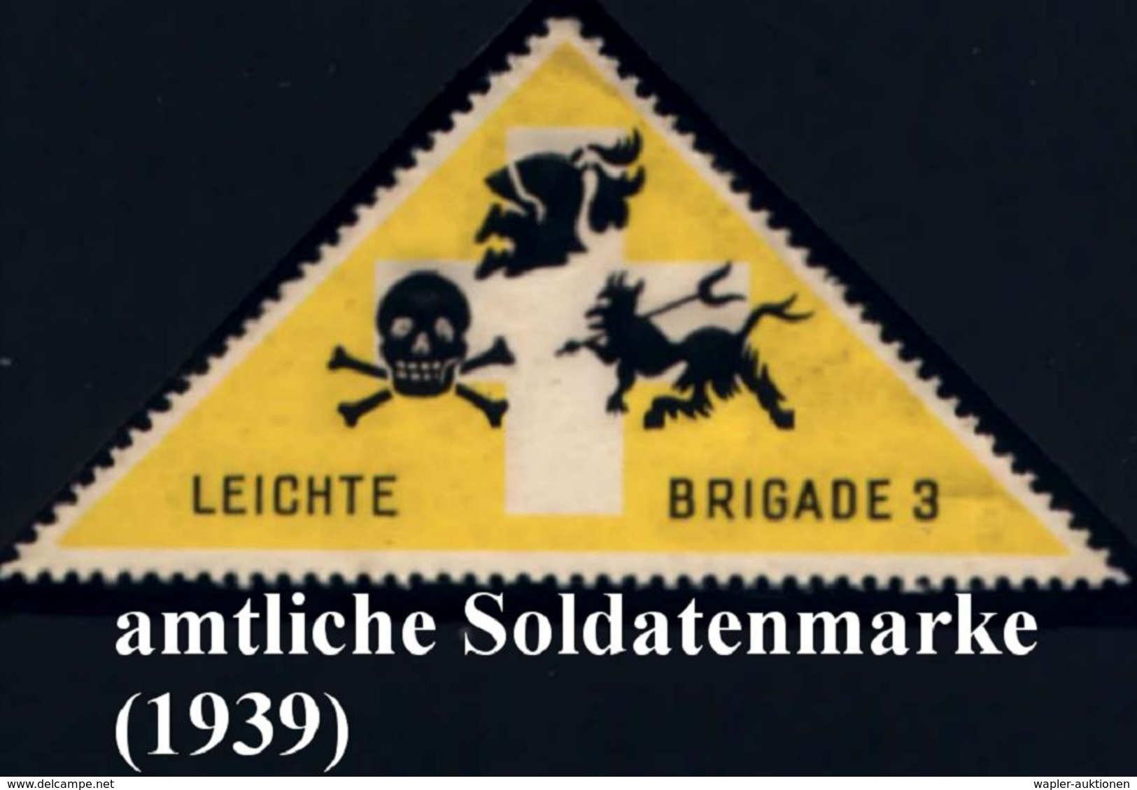 STERBEN / TOD : SCHWEIZ 1939 Dreieck-Soldatenmarke "Leichte Brigade 3" , Gelb/schw., Gez.: Ritter, T O D  (Totenschädel) - Medicine