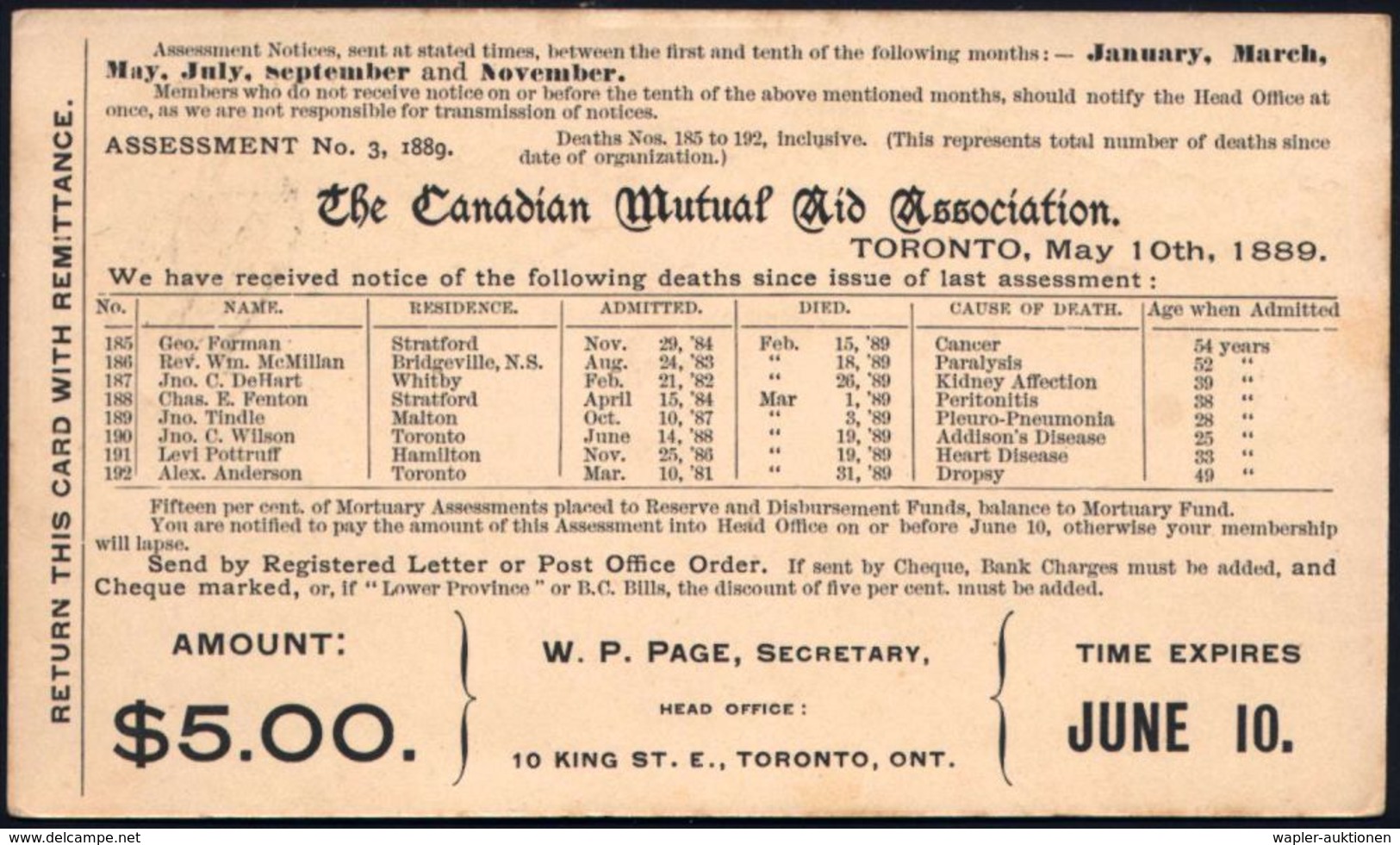STERBEN / TOD : CANADA 1889 (Mai) Amtl. P 1 C. Victoria, Grau + Zuruck: The Canadian Mutual Aid Assoc. (Toronto) Mit Tod - Médecine