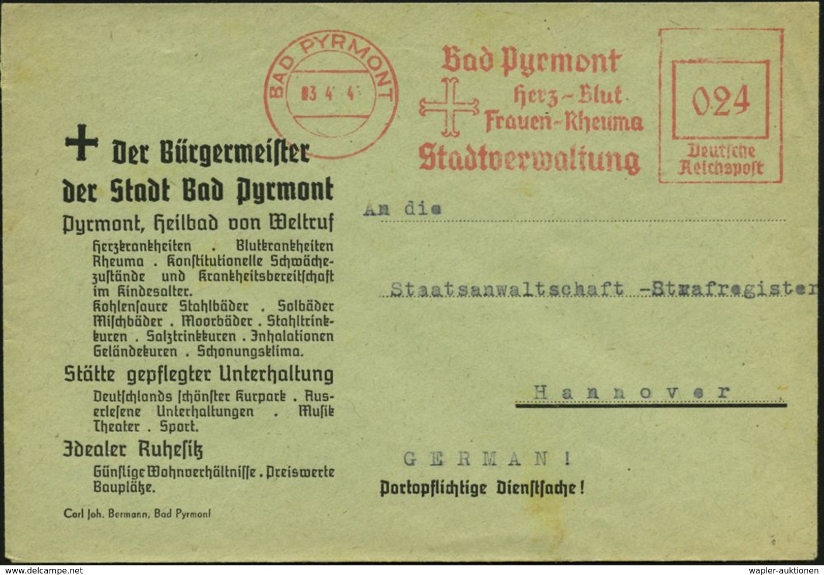 BLUT / HÄMATOLOGIE / BLUTSPENDEN : BAD PYRMONT/ Herz-Blut/ Frauen-Rheuma/ Stadtverwaltung 1946 (3.4.) Aptierter AFS Fran - Disease