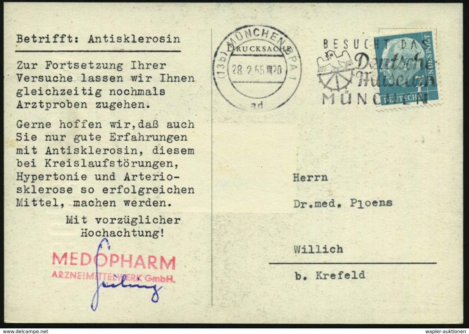 BLUT / HÄMATOLOGIE / BLUTSPENDEN : München 1955 (28.2.) Color-Reklame-Ak.: ANTISKLEROSIN.. Fa. Medopharm (2x Blutkreisla - Krankheiten