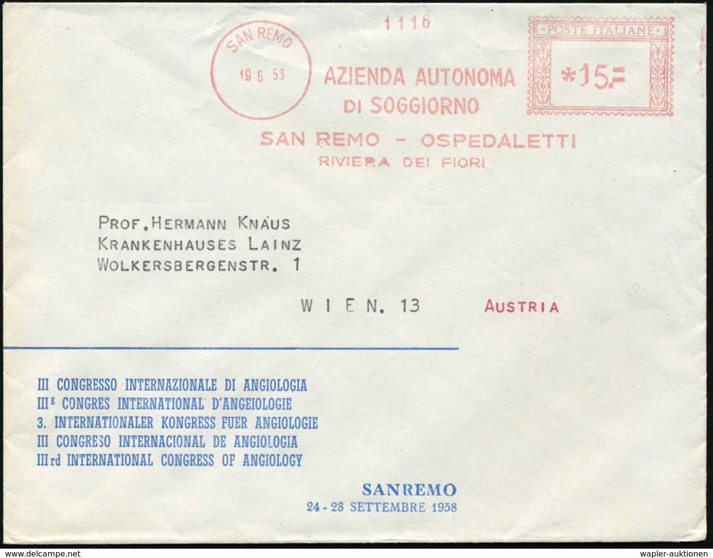 BLUT / HÄMATOLOGIE / BLUTSPENDEN : ITALIEN 1953 (19.6.) AFS.: SAN REMO/AZIENDA AUTONOMA/DI SOGGIORNO/..OSPEDALETTI Klar  - Krankheiten