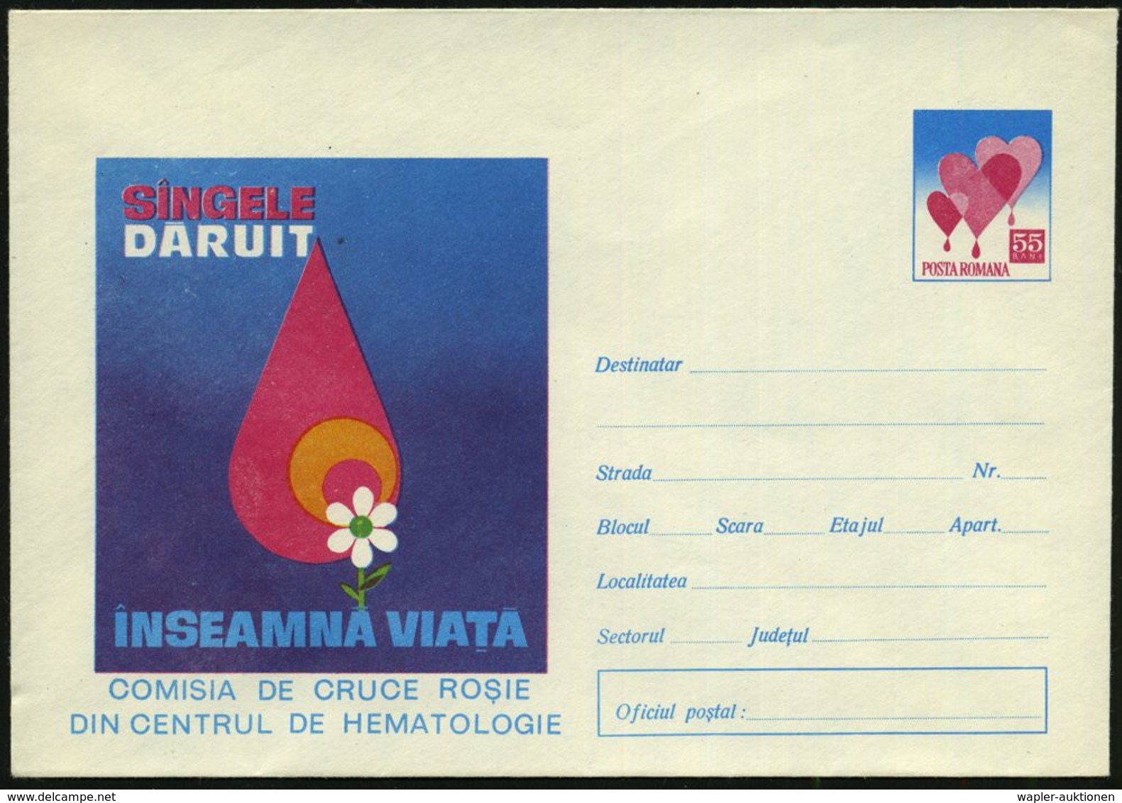 BLUT / HÄMATOLOGIE / BLUTSPENDEN : RUMÄNIEN 1973 55 B. Sonder-U. "Herzen": Blutspenden (Herzen, Blutstropfen, Blume) Ung - Maladies