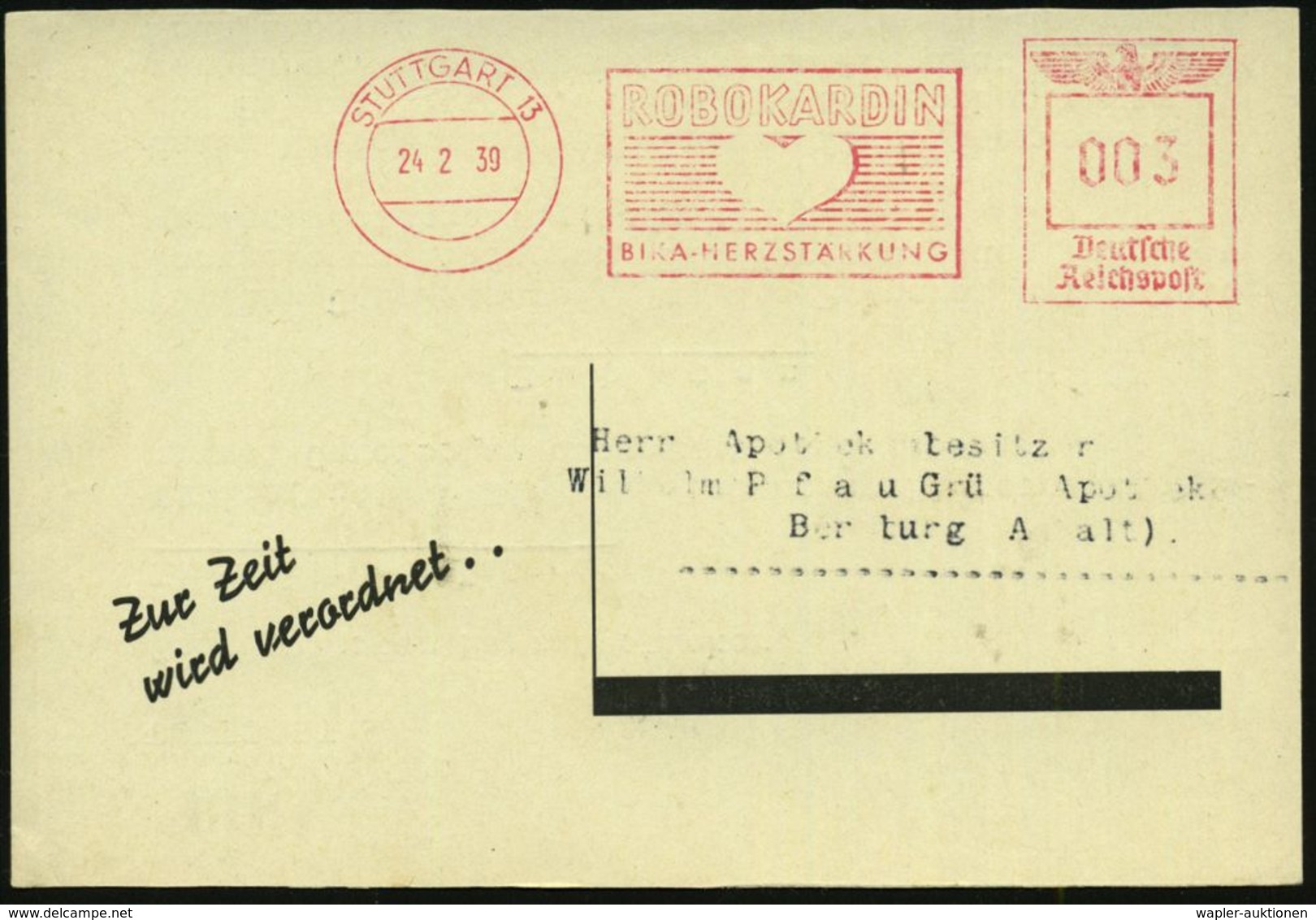 HERZ/ KREISLAUF / KARDIOLOGIE : STUTTGART 13/ ROBOKARDIN/ BIKA-HERZSTÄRKUNG 1939 (24.2.) AFS = Herz Auf (halber) Reklame - Disease