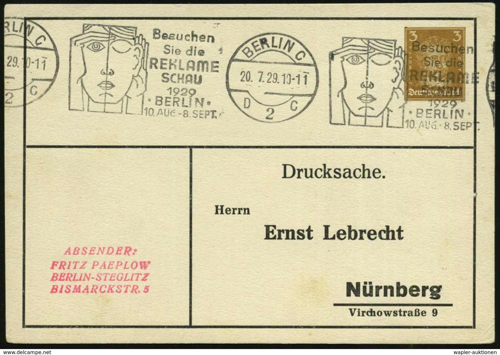 AUGE / OPHTALMOLOGIE / BLINDHEIT : BERLIN C/ D2C/ ..REKLAME/ SCHAU/ ..10.AUG.-8.SEPT. 1929 (20.7.) BdMWSt (Gesicht Mit B - Maladies