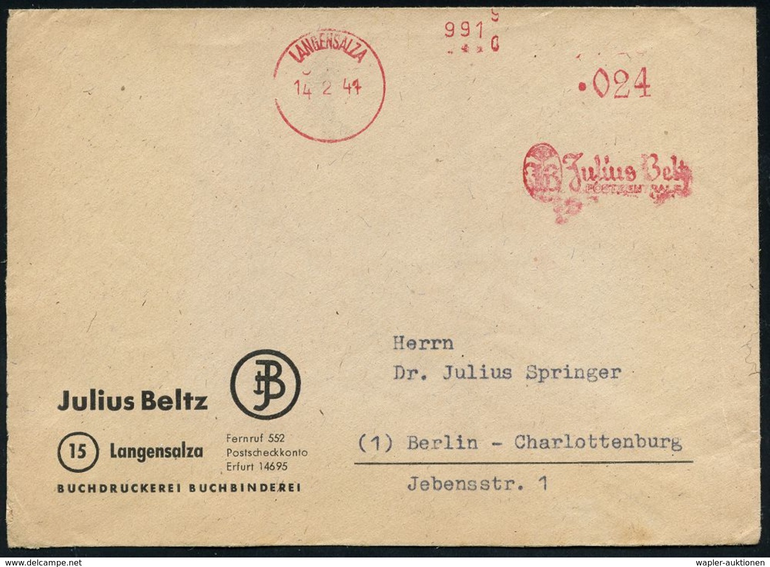 AUGE / OPHTALMOLOGIE / BLINDHEIT : LANGENSALZA/ Julius Beltz.. 1947 (14.2.) Total Aptierter AFS 024 Pf. Mit Firmen-Logo: - Maladies