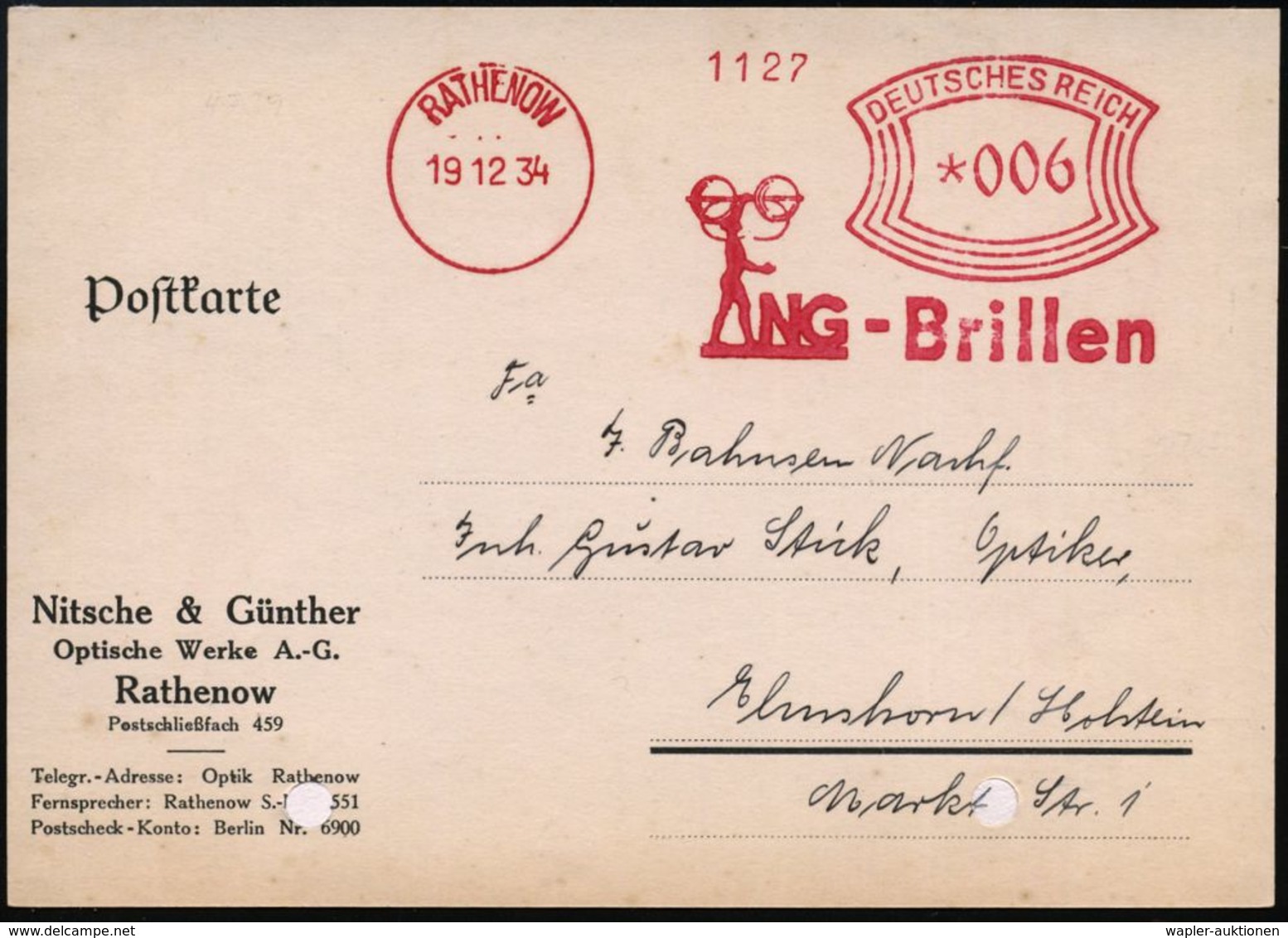 AUGE / OPHTALMOLOGIE / BLINDHEIT : RATHENOW/ NG-Brillen 1934 (19.12.) AFS = Athlet Stemmt Riesenbrille (unten Reg.-Lochu - Malattie