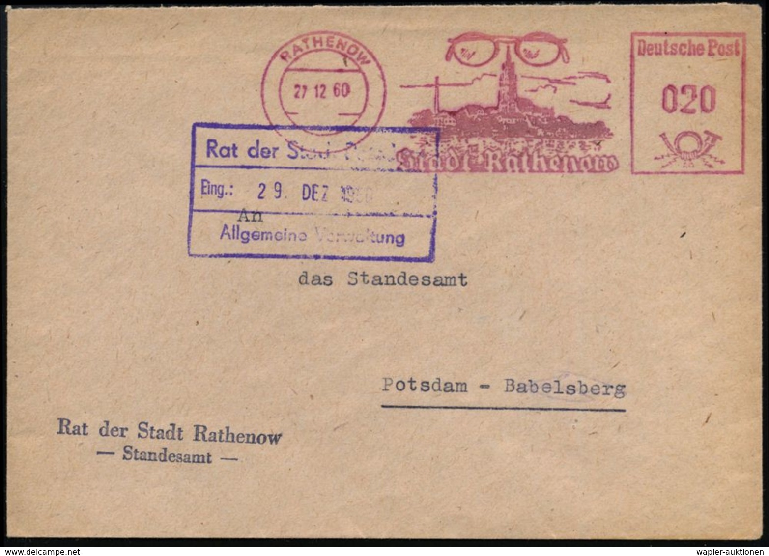 AUGE / OPHTALMOLOGIE / BLINDHEIT : RATHENOW/  Stadt Rathenow 1960 (27.12.) AFS = Große Brille (über Stadtbild Mit Dom) K - Maladies