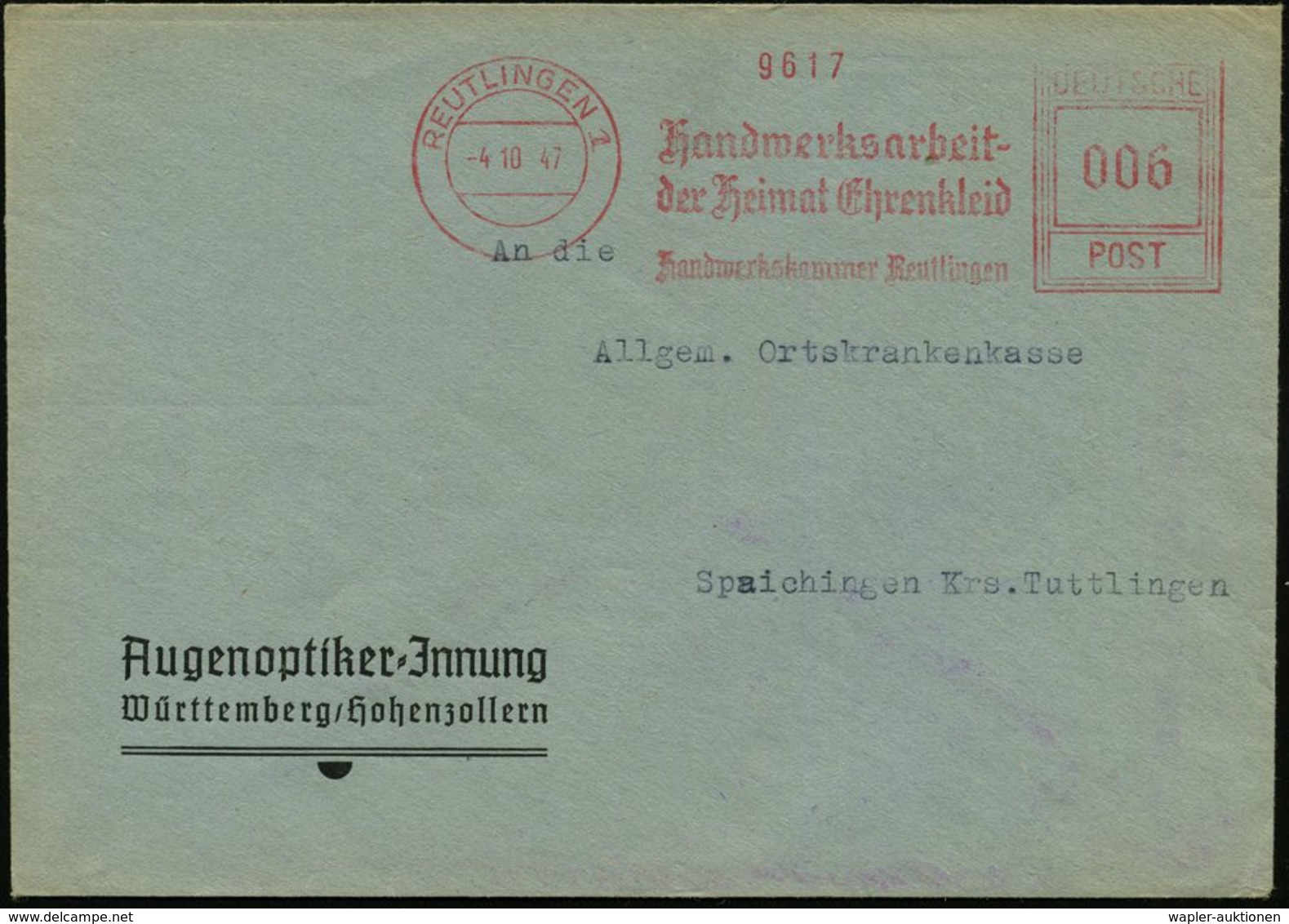 AUGE / OPHTALMOLOGIE / BLINDHEIT : REUTLINGEN 1/ ..Handwerkskammer.. 1947 (4.10.) Seltener AFS-Typ "Hochrechteck" Auf Di - Malattie