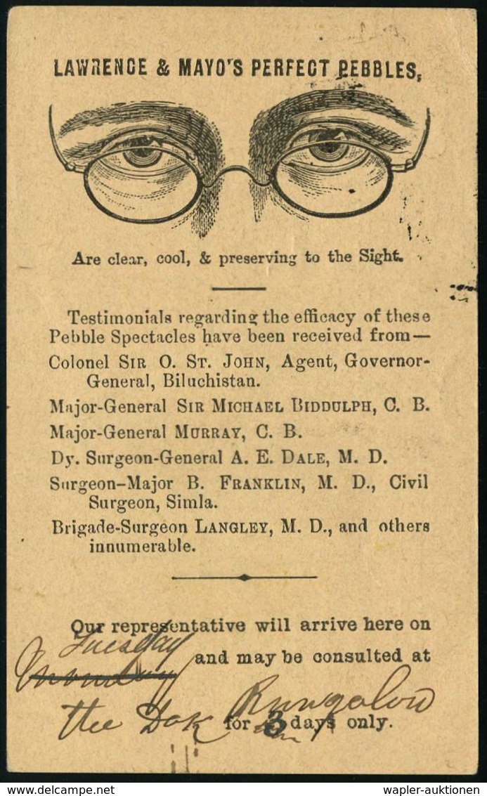 AUGE / OPHTALMOLOGIE / BLINDHEIT : INDIEN 1890 (1.7.) Reklame-PP 1/4 Anna, Victoria, Braun: LAWRENCE & MAYO'S PERFECT PE - Maladies