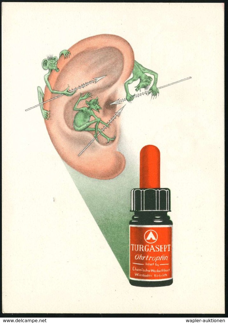 OHR / HÖREN / AKUSTIK : WIESBADEN/ *1a 1952 (14.2.) PFS 4 Pf. Auf Color-Reklame-Kt.: TURGASEPT Ohrtropfen (Teufel Attaki - Maladies