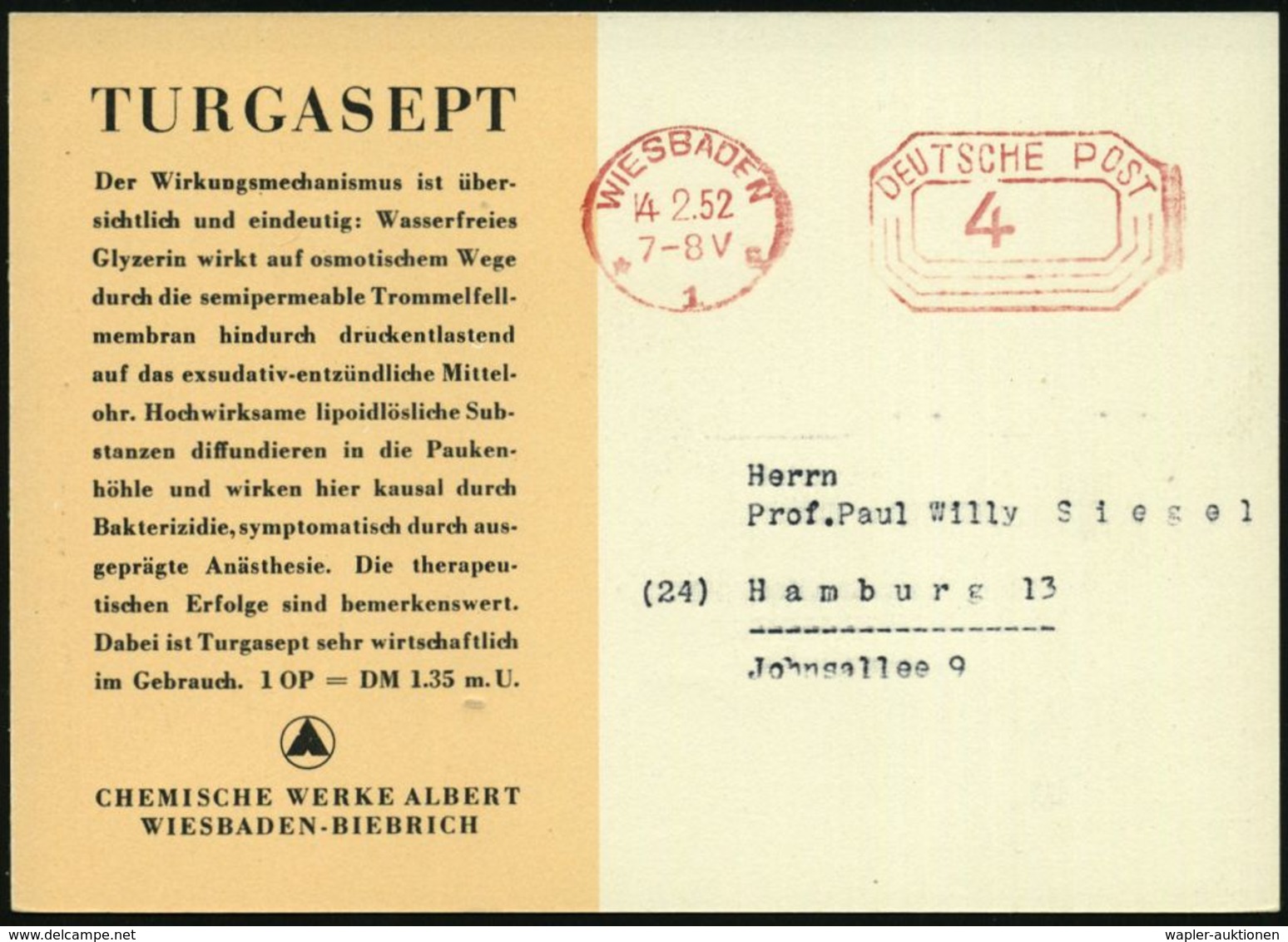 OHR / HÖREN / AKUSTIK : WIESBADEN/ *1a 1952 (14.2.) PFS 4 Pf. Auf Color-Reklame-Kt.: TURGASEPT Ohrtropfen (Teufel Attaki - Krankheiten