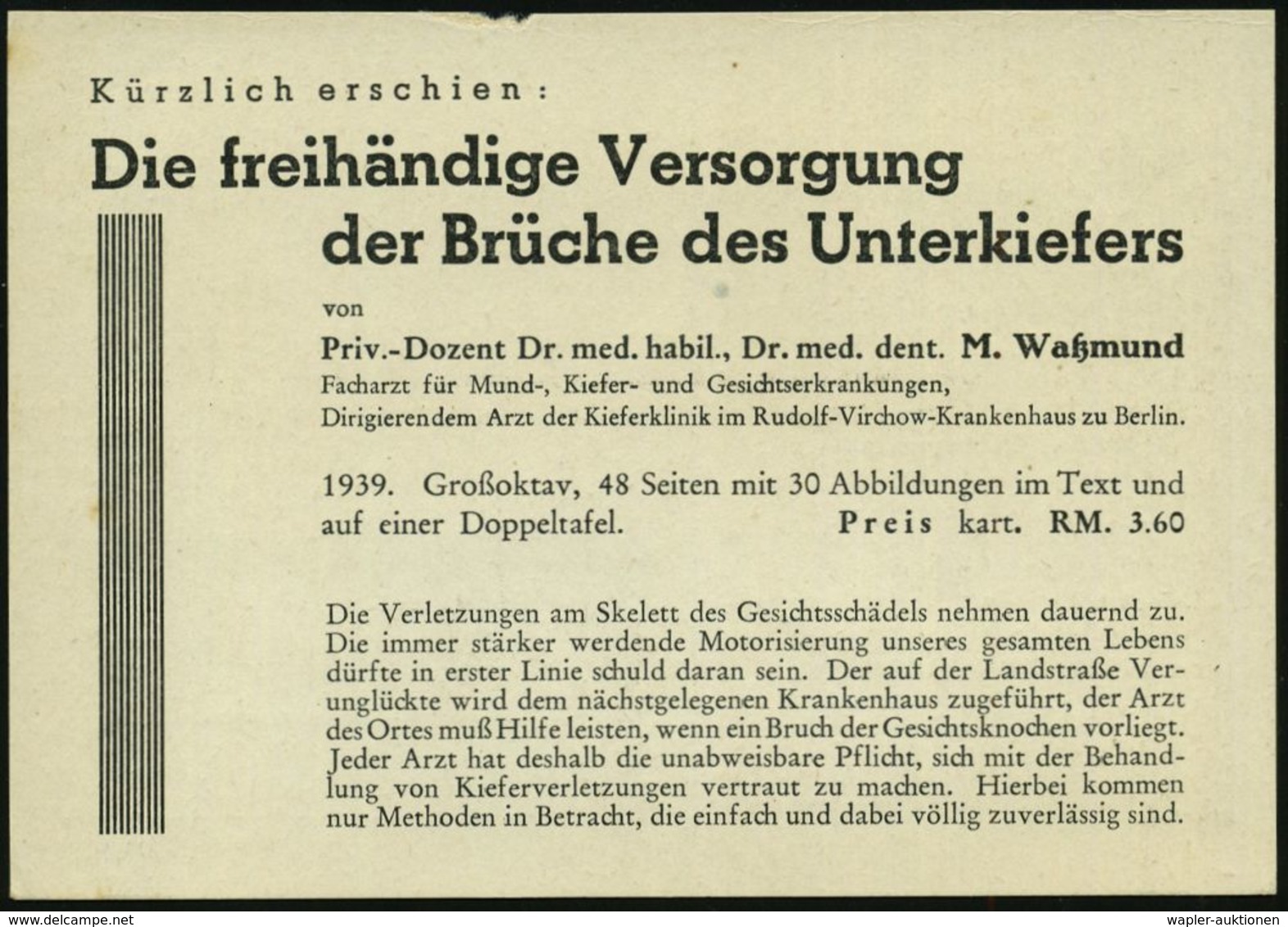 DENTAL-MEDIZIN / ZÄHNE : BERLIN NW 21/ Berlinische Verlagsanstalt/ Zahnärztliche Rundschau/ Zahnärztliche Bücher.. 1940  - Maladies