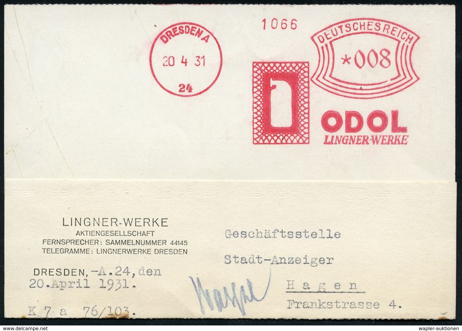 DENTAL-MEDIZIN / ZÄHNE : DRESDEN A/ 24/ ODOL/ LINGNER-WERKE 1931 (20.4.) AFS 008 Pf. = Odol-Mundwasserflasche Klar Auf F - Krankheiten