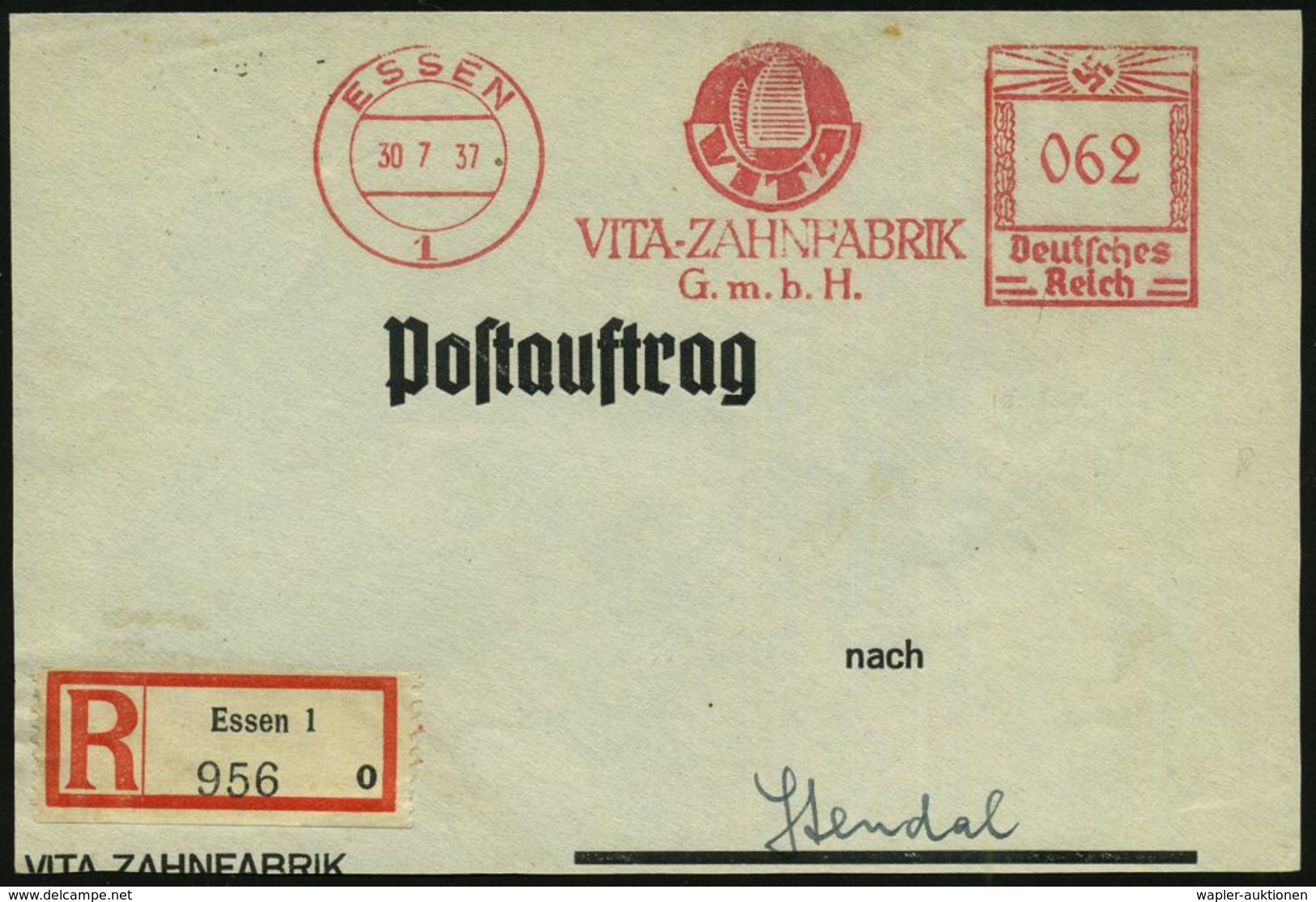 DENTAL-MEDIZIN / ZÄHNE : ESSEN/ 1/ VITA-ZAHNFABRIK/ GmbH 1936 (30.7.) Dekorativer AFS 062 Pf. = Zahn + RZ: Essen 1/o , K - Malattie