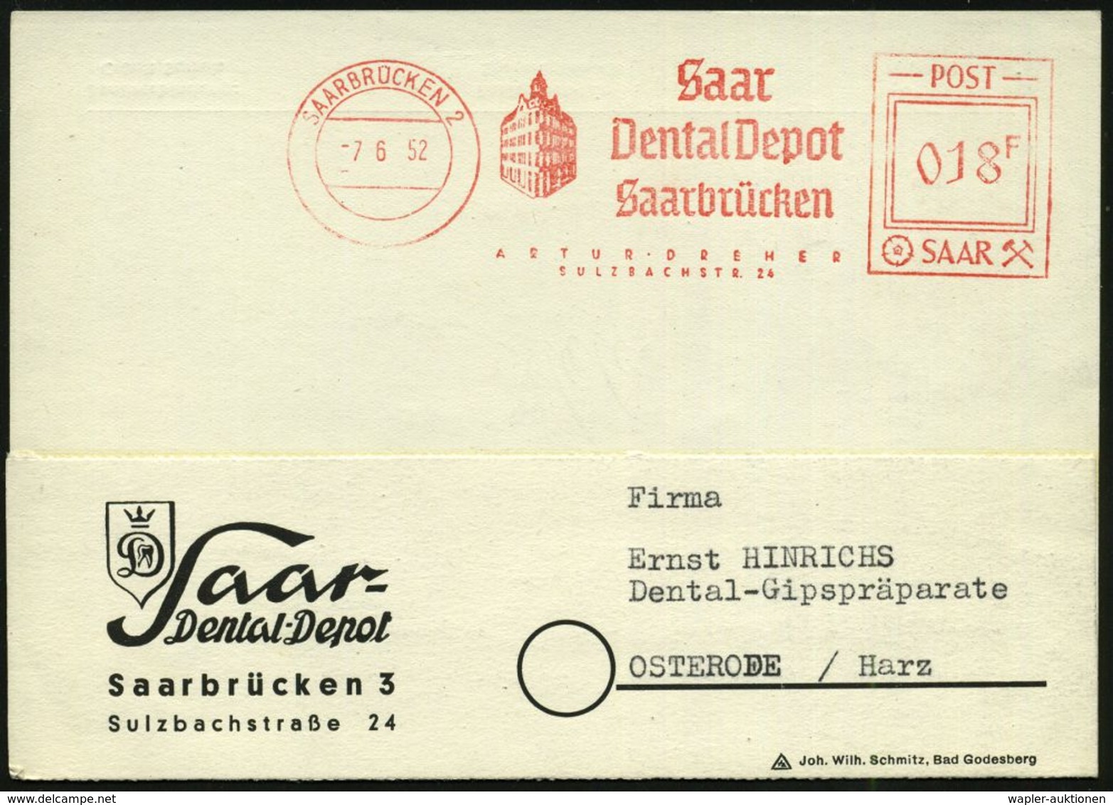 DENTAL-MEDIZIN / ZÄHNE : SAARBRÜCKEN 2/ Saar/ Dental Depot/ ..ARTUR DREHER 1952 (7.6.) Seltener AFS-Typ "POST SAAR" 018  - Disease